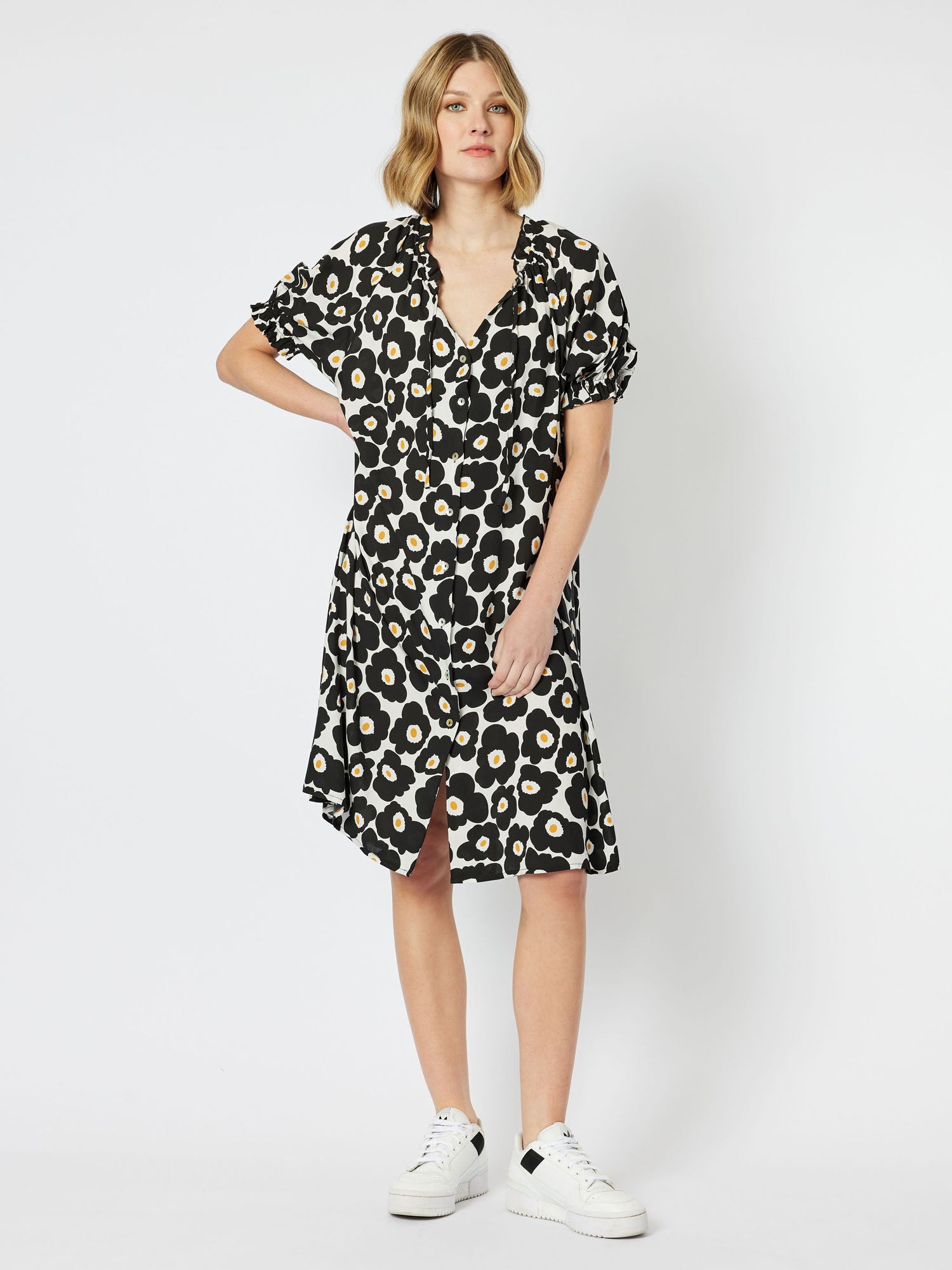 Poppy Print Button Dress - Black/White