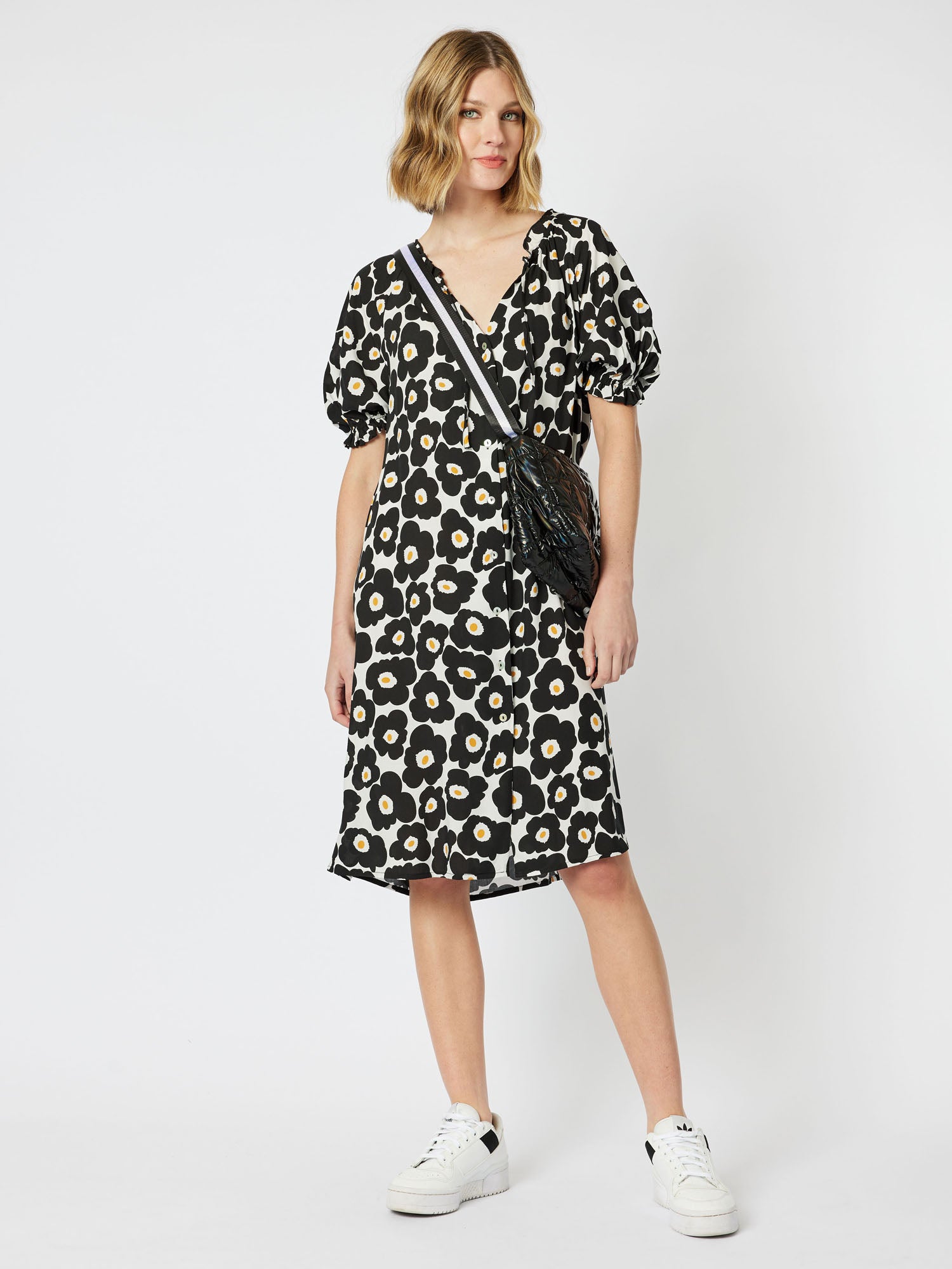 Poppy Print Button Dress - Black/White