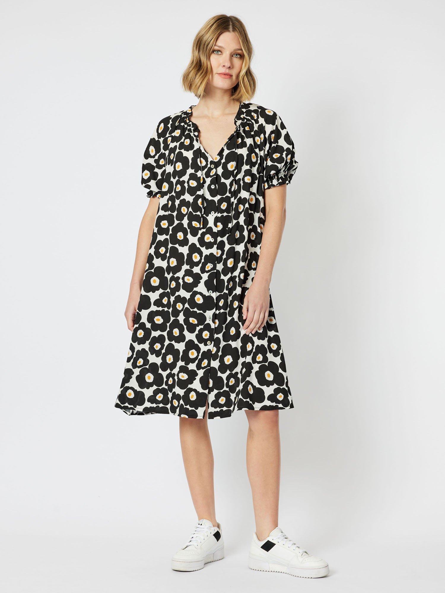 Poppy Print Button Dress - Black/White