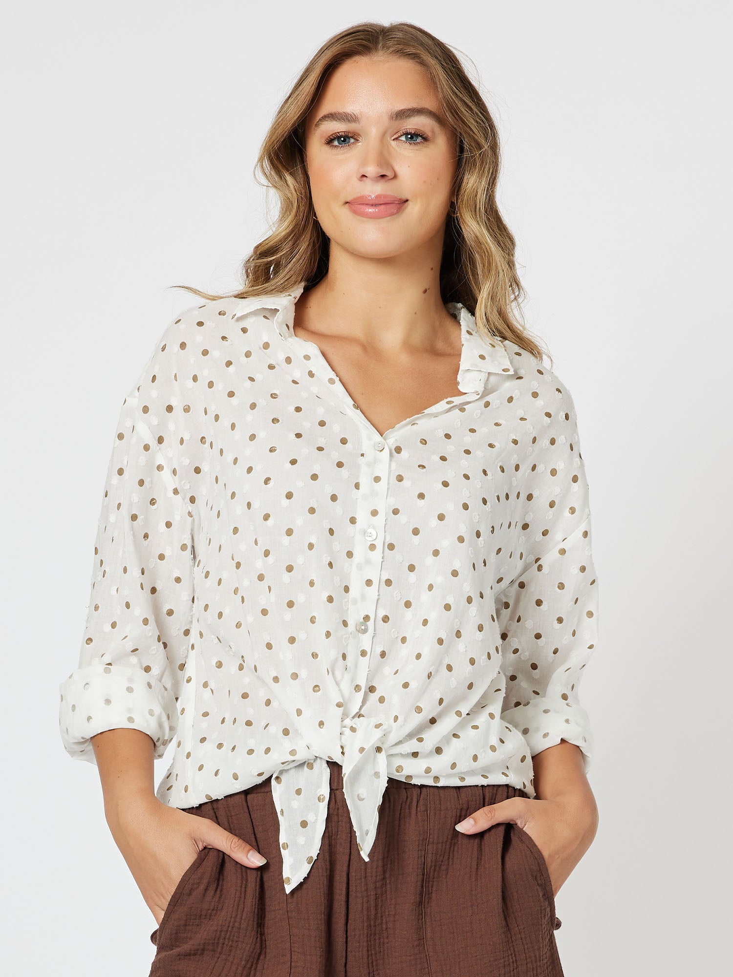 Get Dotty Tie Front Shirt - Gold