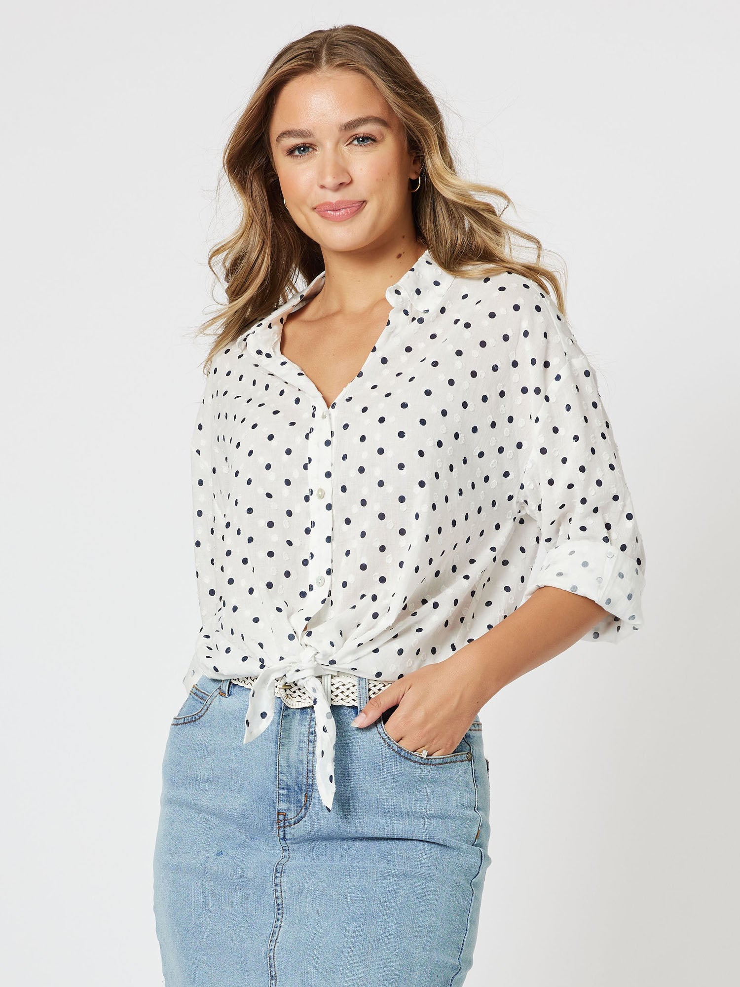 Get Dotty Tie Front Shirt - Navy
