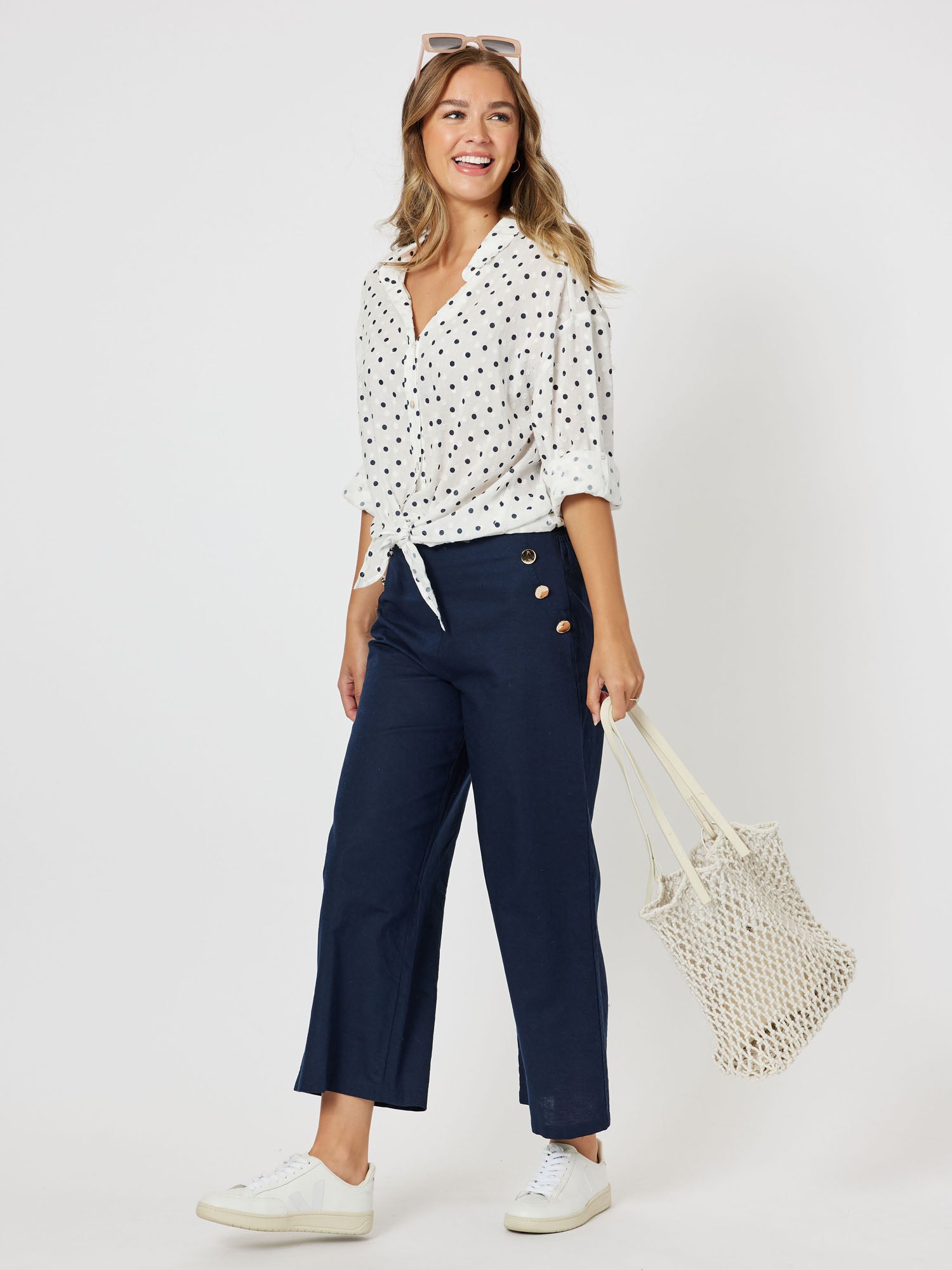Get Dotty Tie Front Shirt - Navy