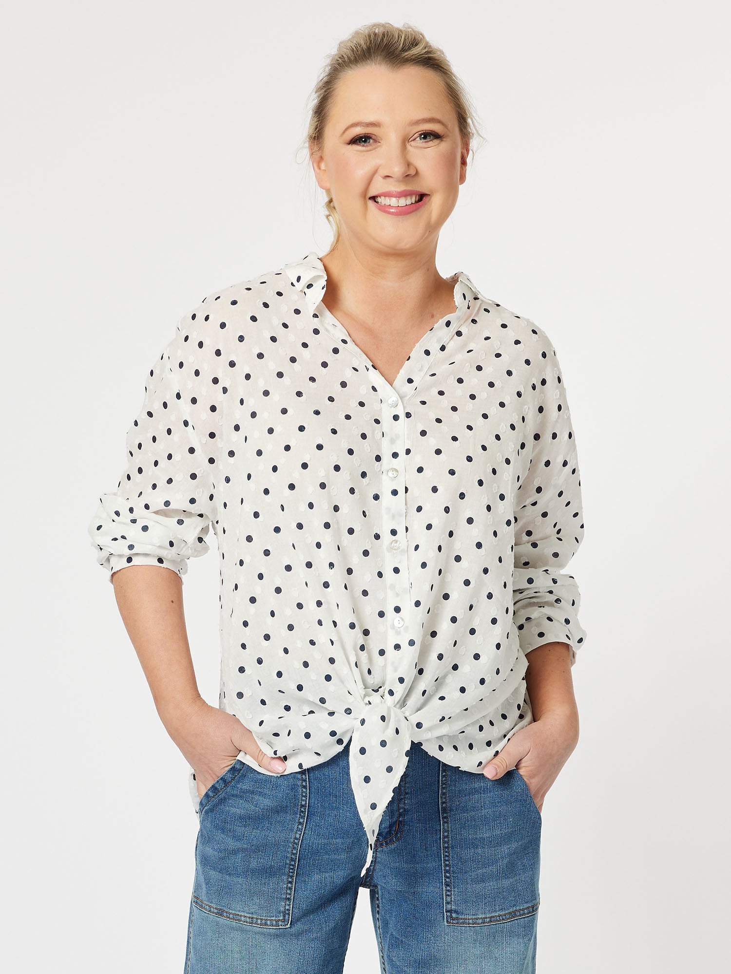 Get Dotty Tie Front Shirt - Navy