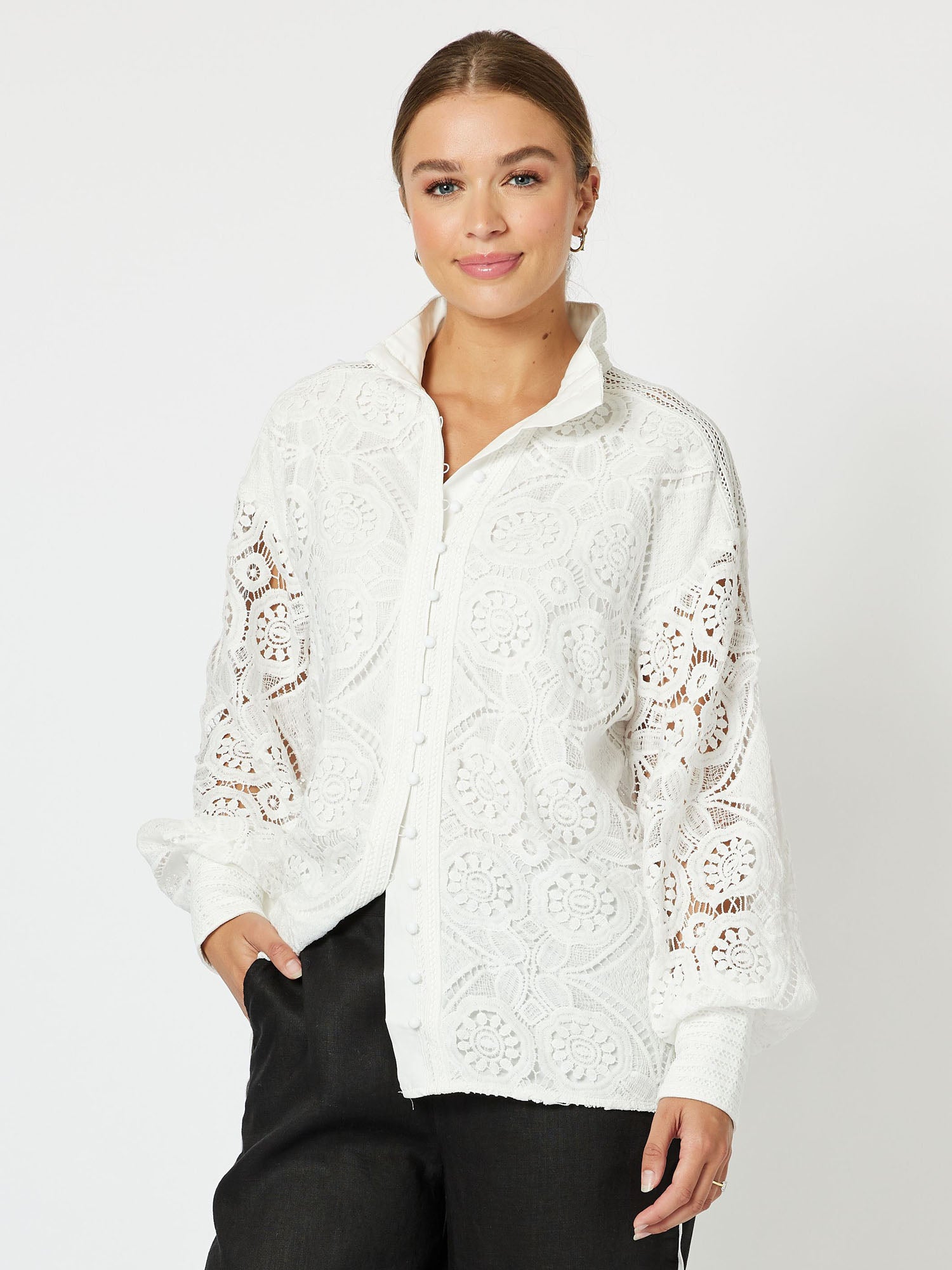 Dusk Lace Nehru Collar Long Sleeve Shirt - White