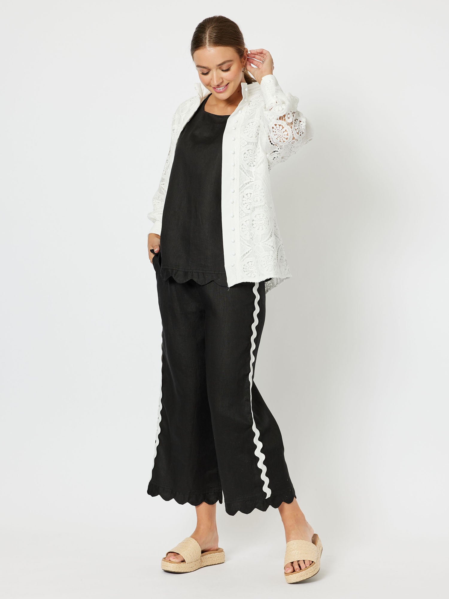 Dusk Lace Nehru Collar Long Sleeve Shirt - White