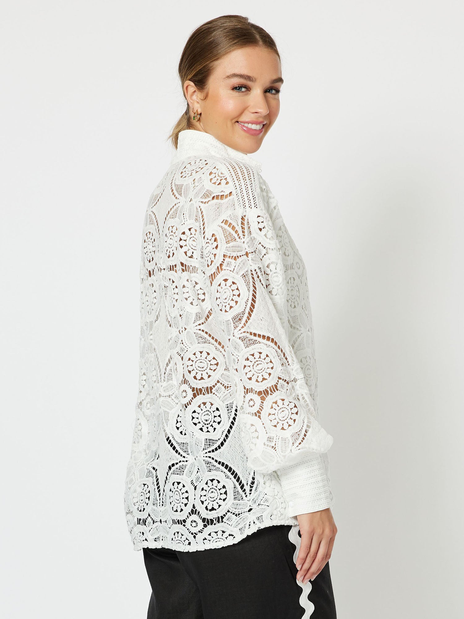 Dusk Lace Nehru Collar Long Sleeve Shirt - White