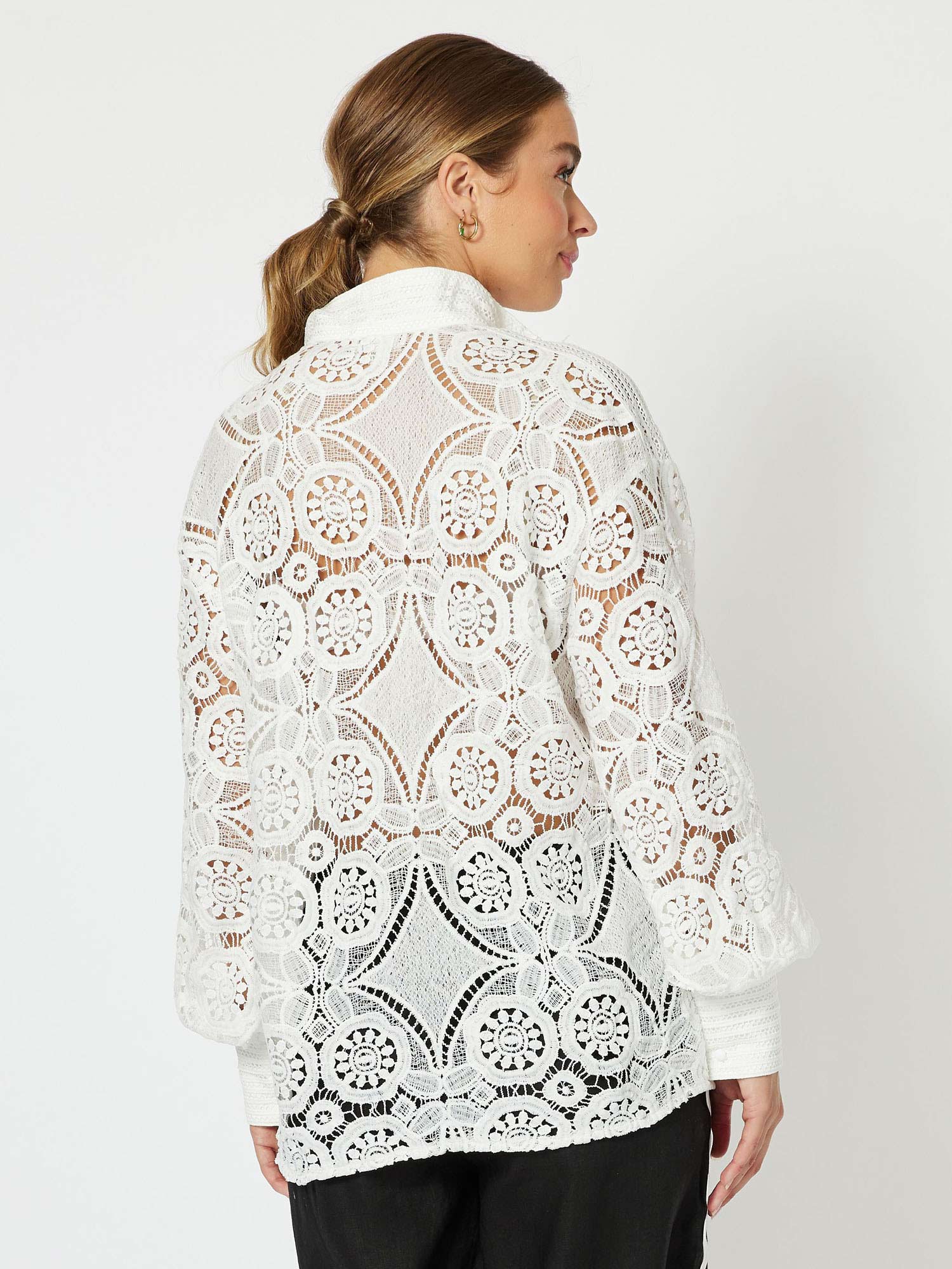 Dusk Lace Nehru Collar Long Sleeve Shirt - White