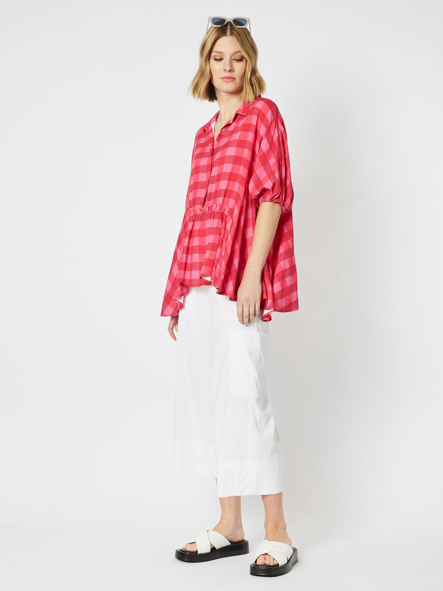 Harmony Check Relaxed Elbow Sleeve Shirt - Raspberry
