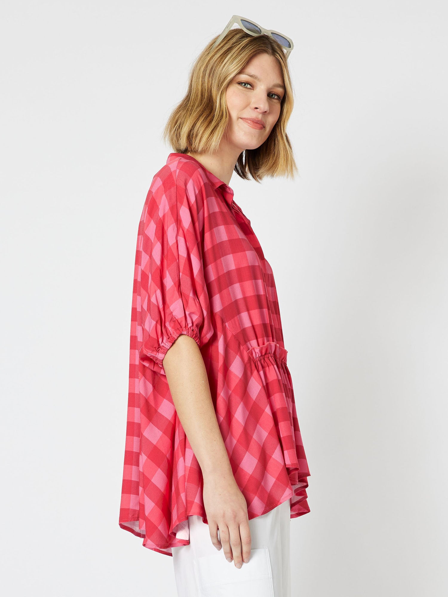 Harmony Check Relaxed Elbow Sleeve Shirt - Raspberry