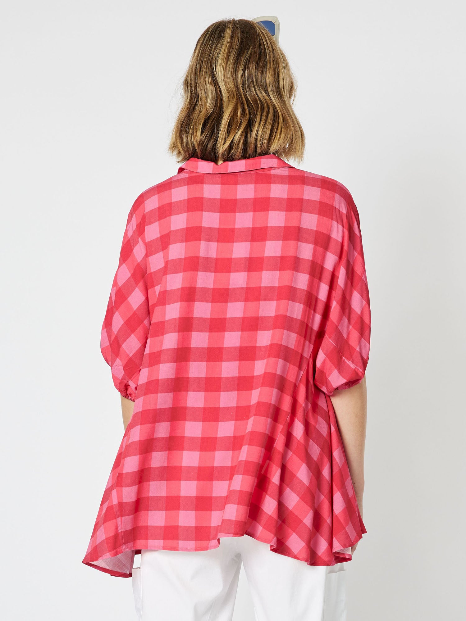 Harmony Check Relaxed Elbow Sleeve Shirt - Raspberry