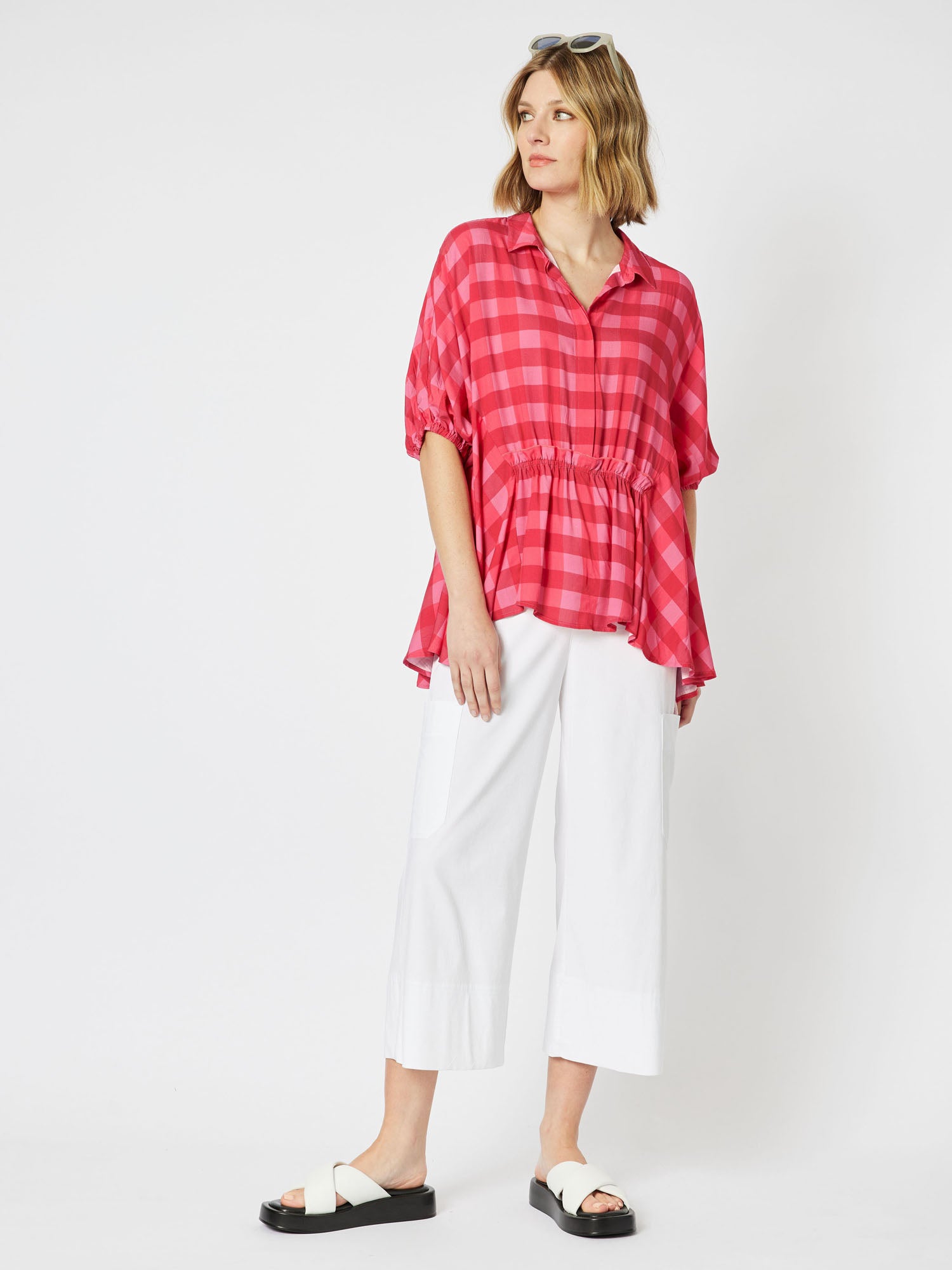 Harmony Check Relaxed Elbow Sleeve Shirt - Raspberry