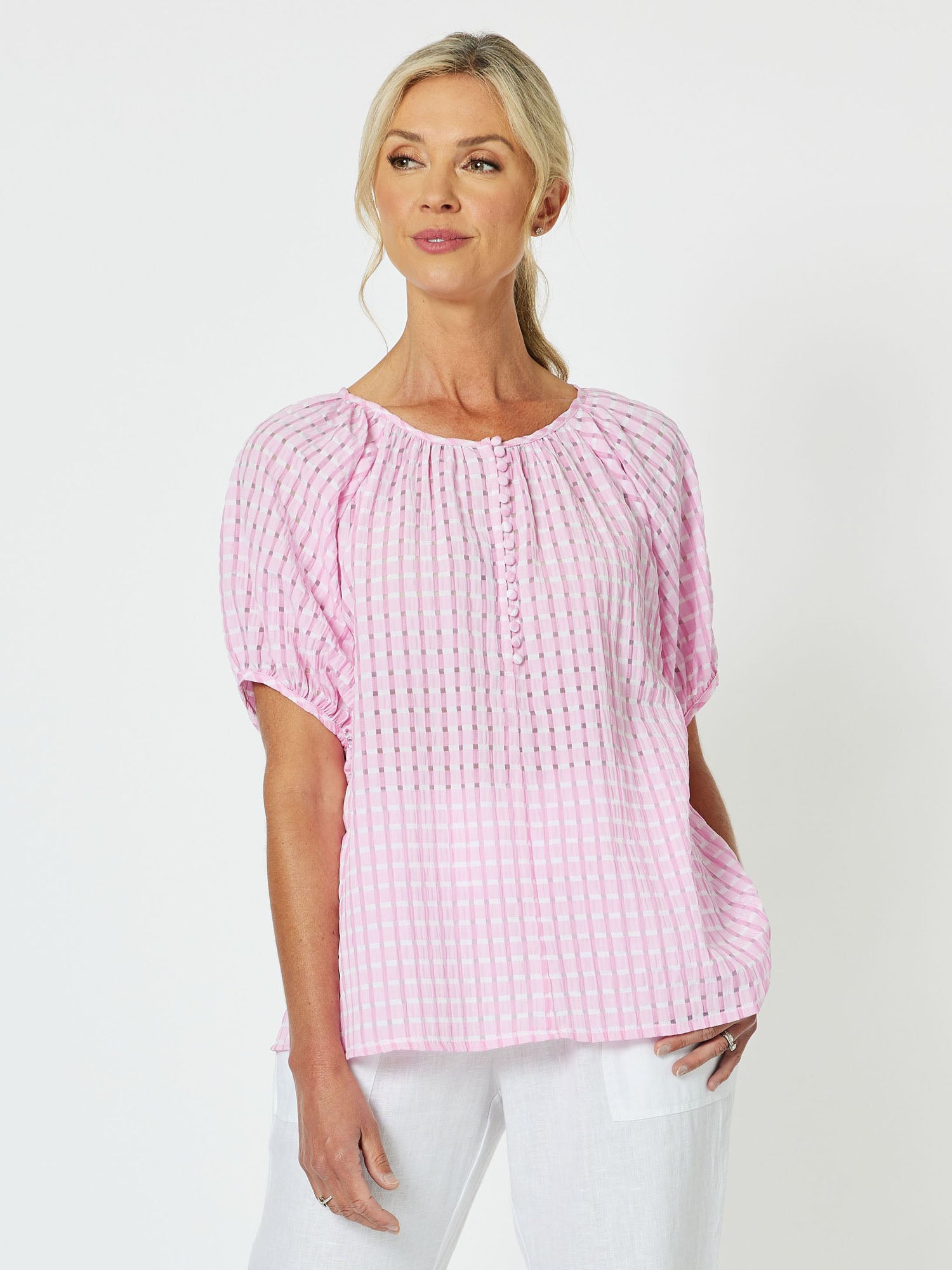 Pia Check Round Neck Top - Pink