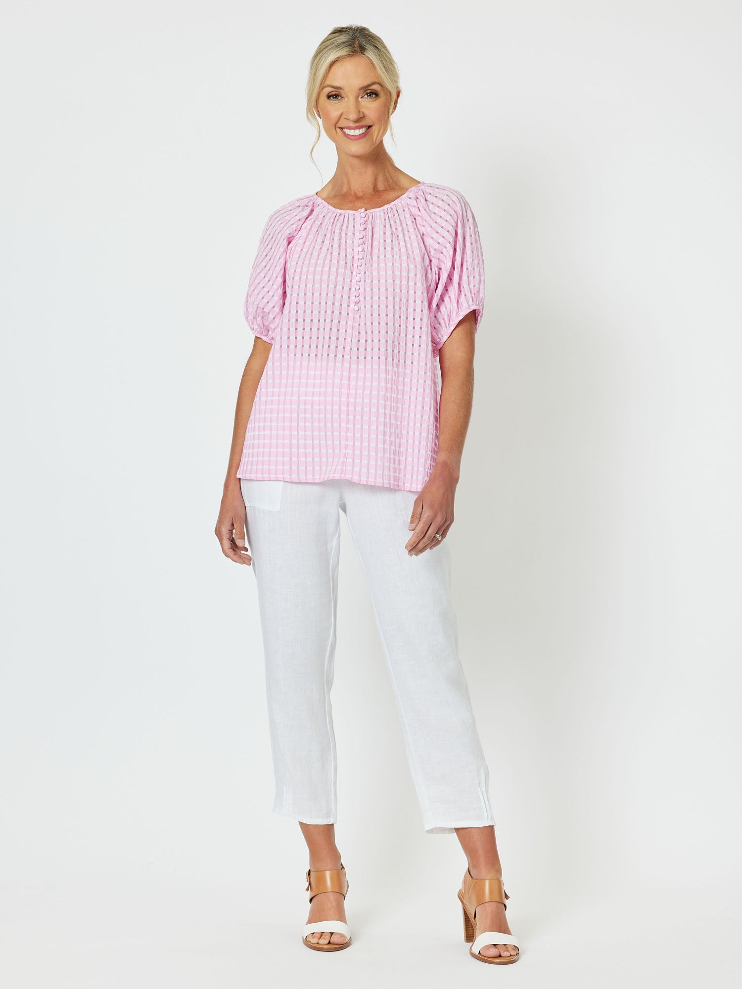 Pia Check Round Neck Top - Pink