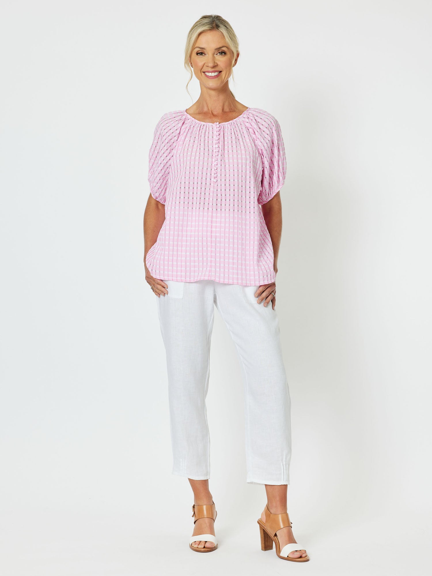 Pia Check Round Neck Top - Pink