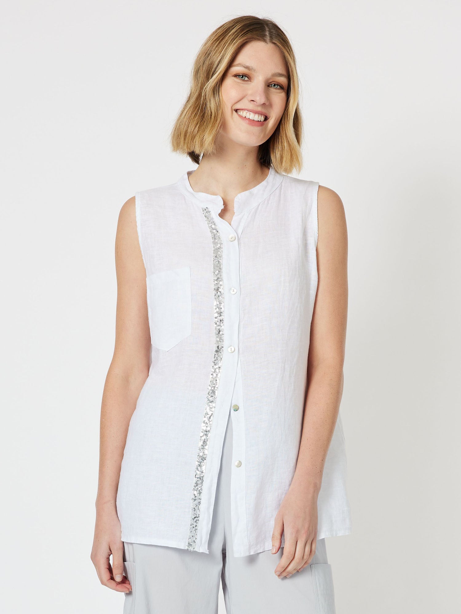 Colosseum Linen Sleeveless Button Front Top - White