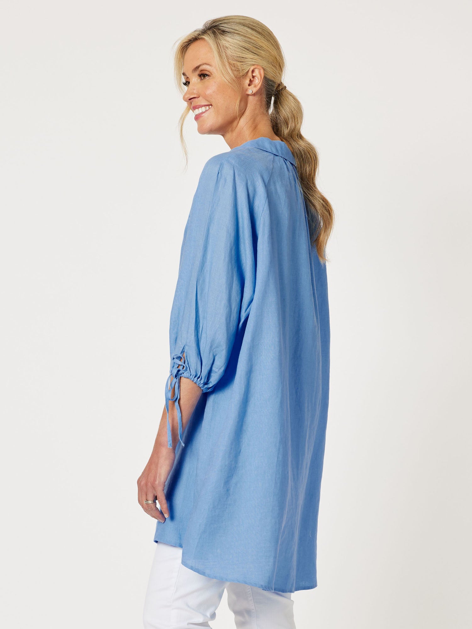 Hollie Linen Longline Shirt - Cornflower