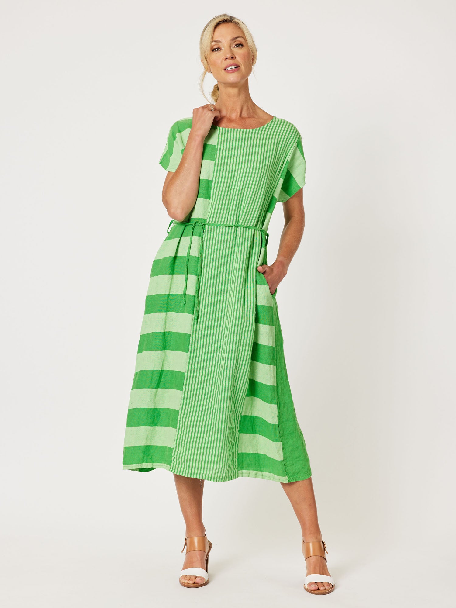 Terrace Spliced Linen Dress - Apple