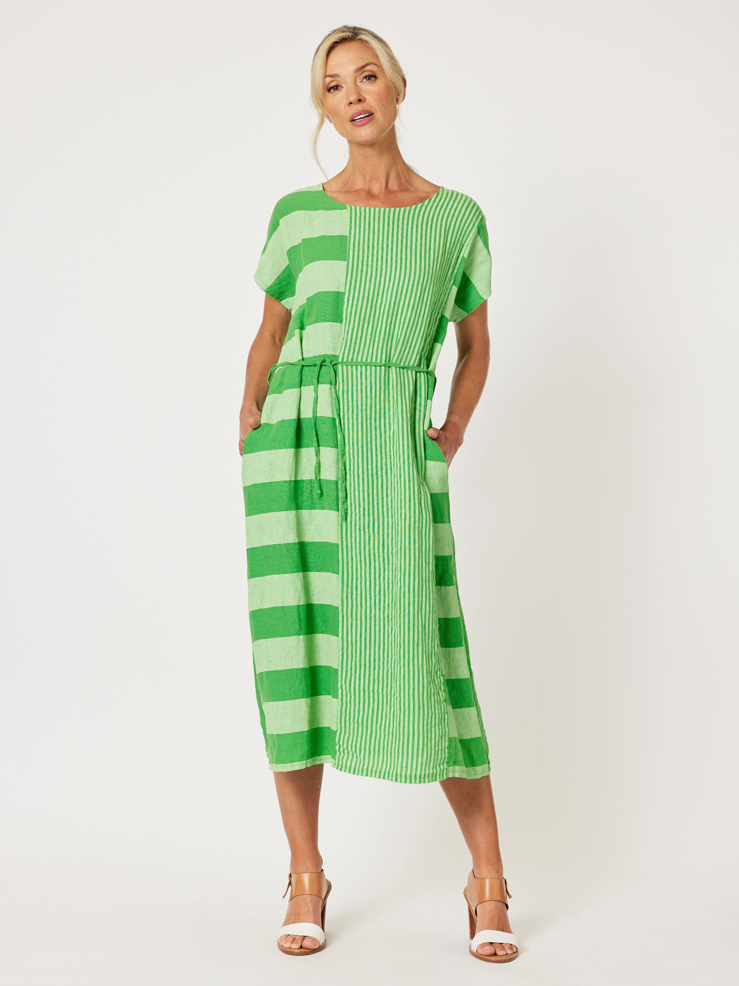 Terrace Spliced Linen Dress - Apple
