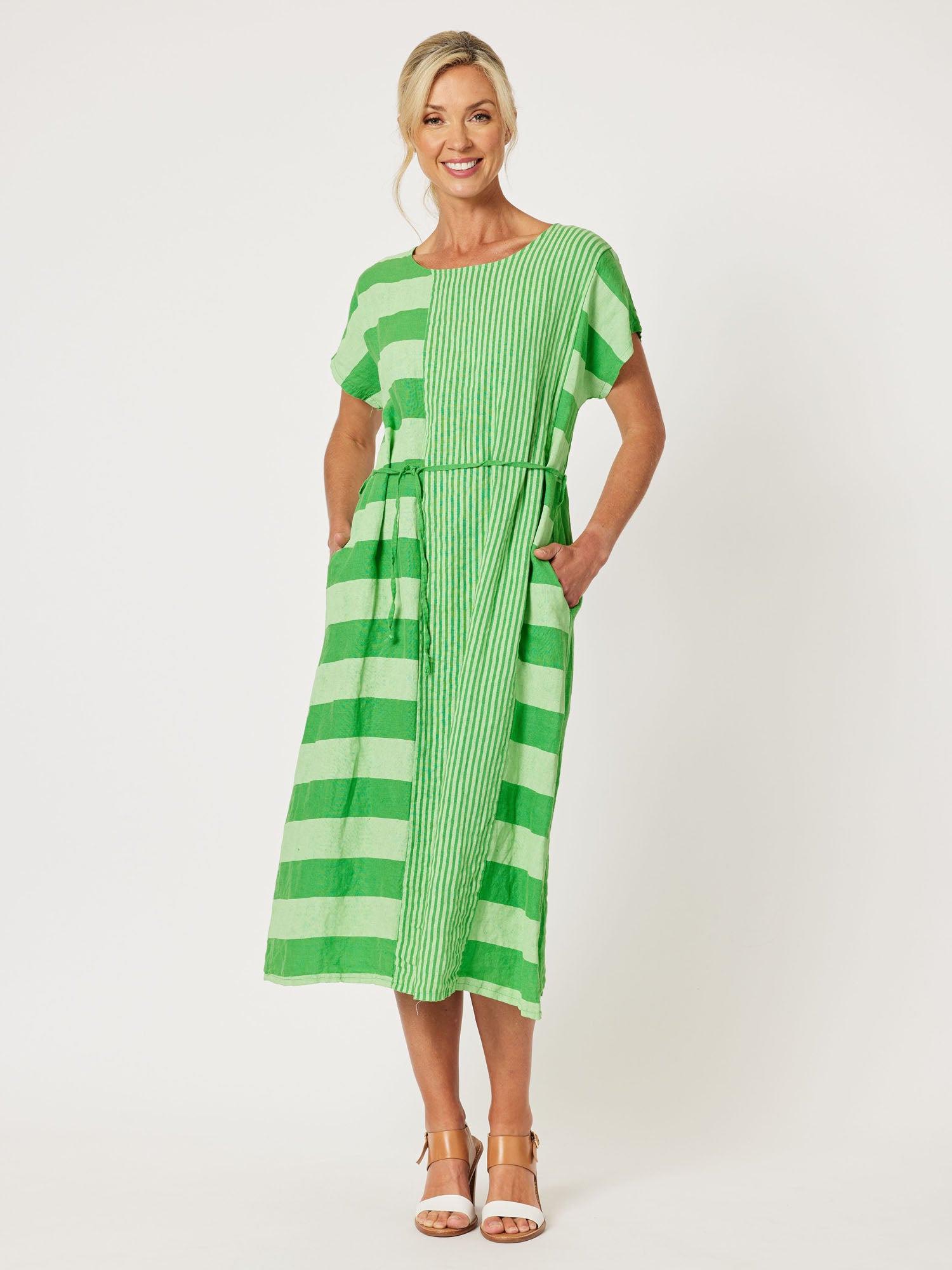 Terrace Spliced Linen Dress - Apple