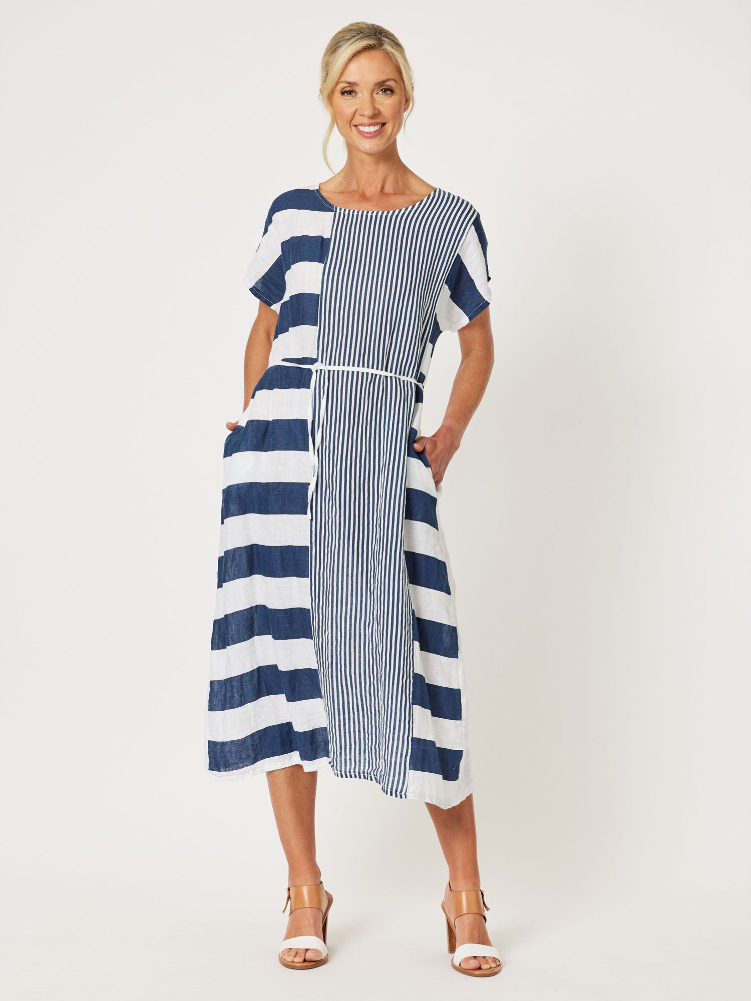 Terrace Spliced Linen Dress - Navy