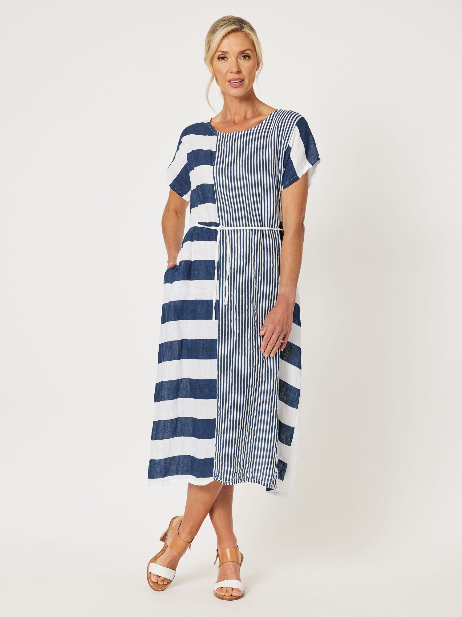 Terrace Spliced Linen Dress - Navy