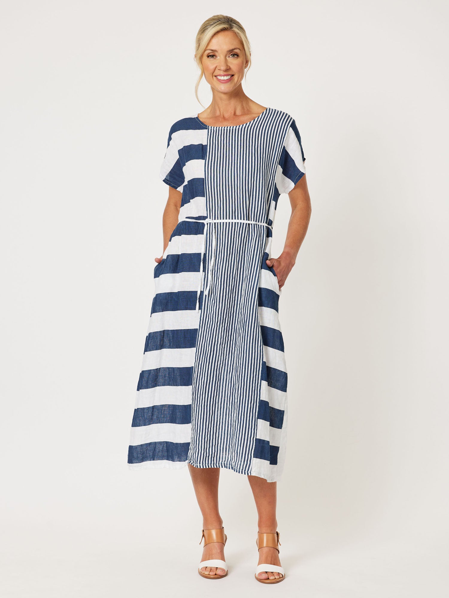 Terrace Spliced Linen Dress - Navy