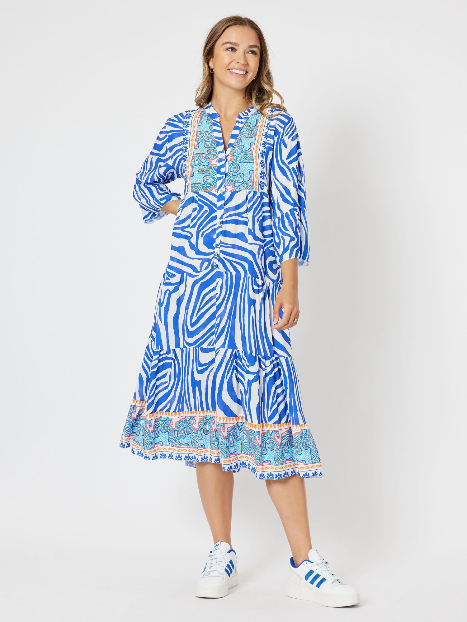 Noosa Border Tiered Dress - Blue