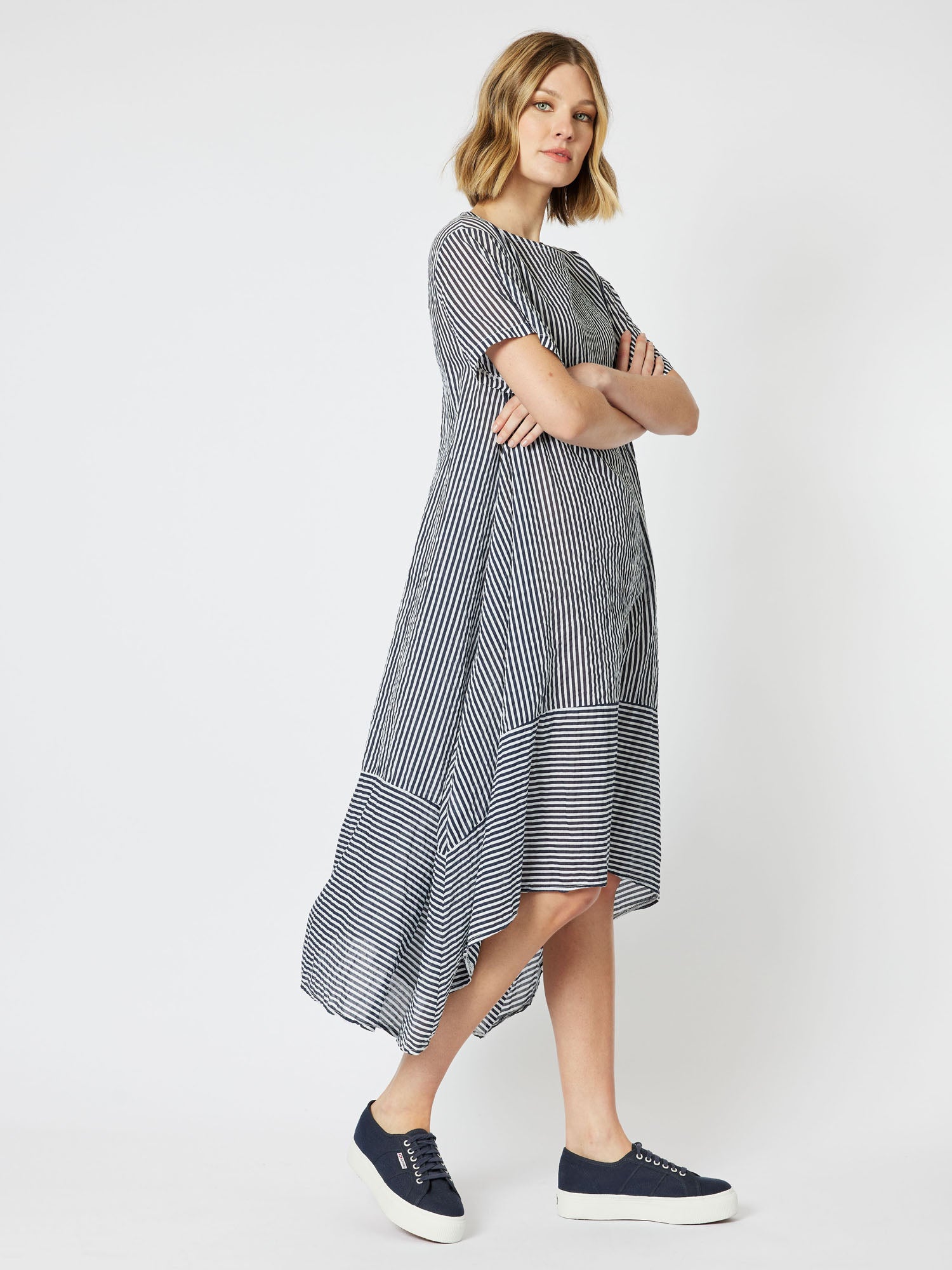 Boater Cotton Stripe Asymetric Hem Short Sleeve Dress - Navy/White