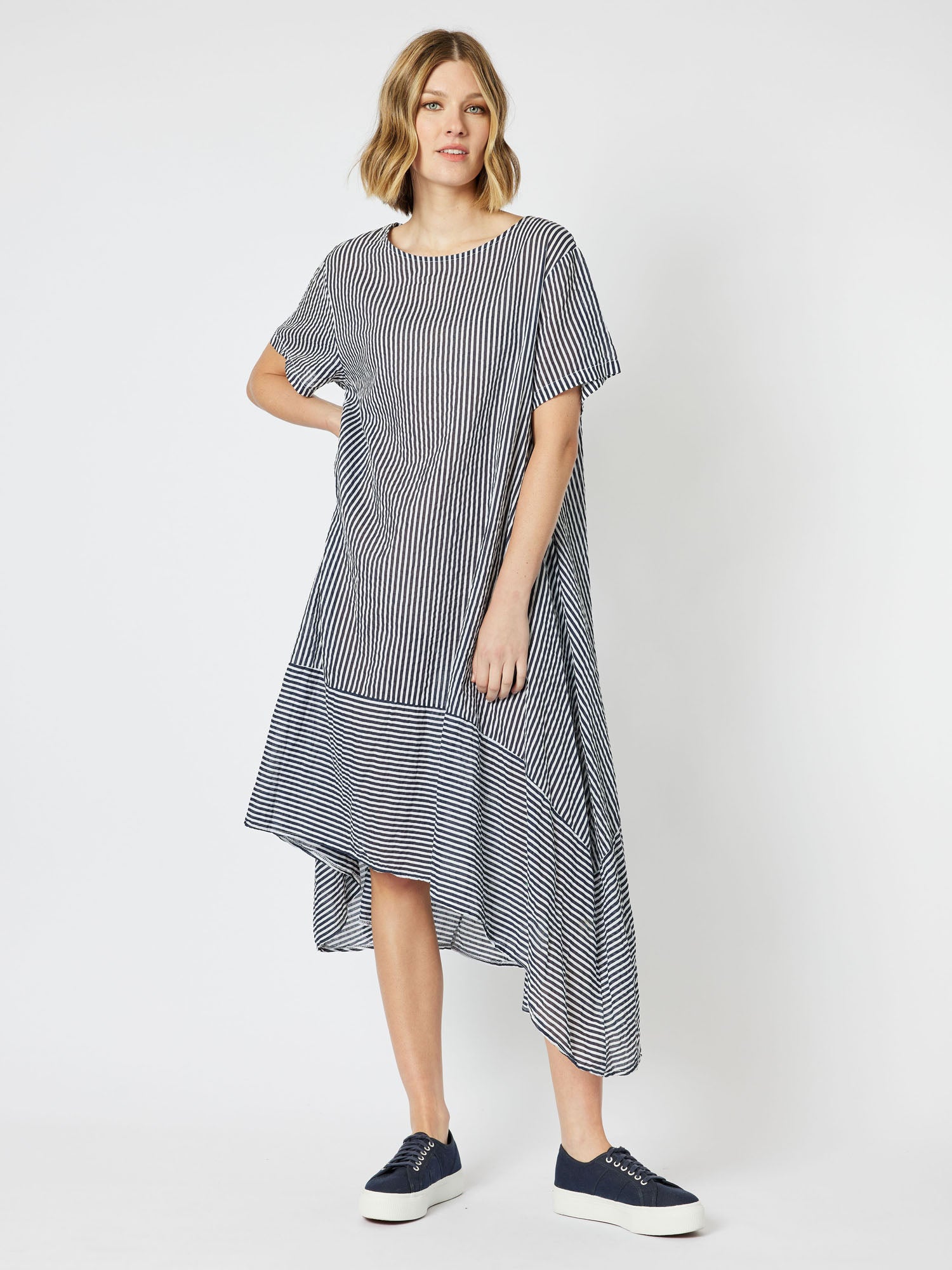 Boater Cotton Stripe Asymetric Hem Short Sleeve Dress - Navy/White