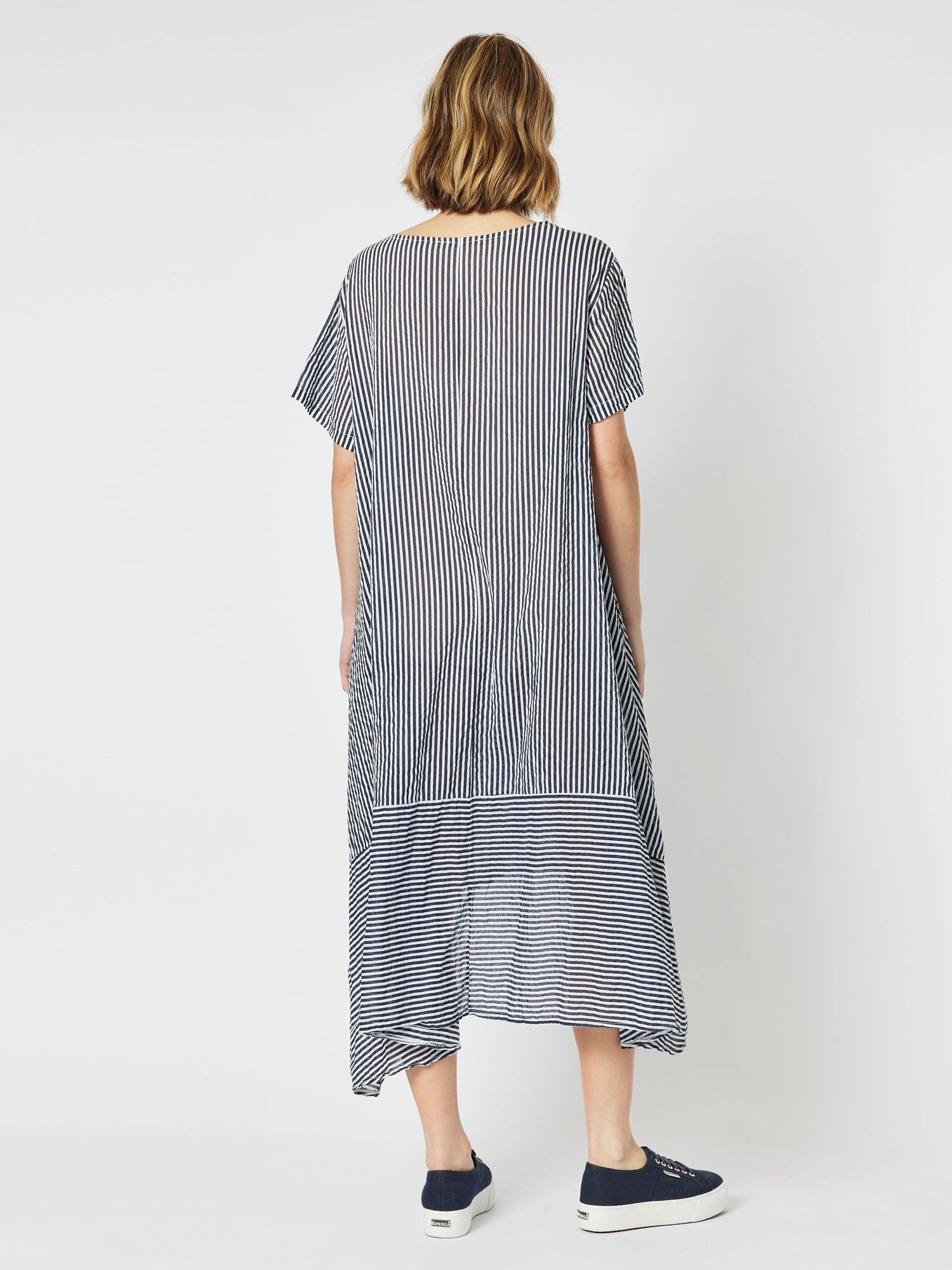 Boater Cotton Stripe Asymetric Hem Short Sleeve Dress - Navy/White