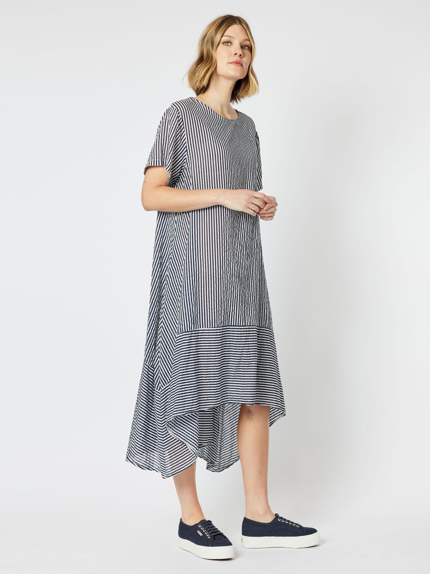 Boater Cotton Stripe Asymetric Hem Short Sleeve Dress - Navy/White