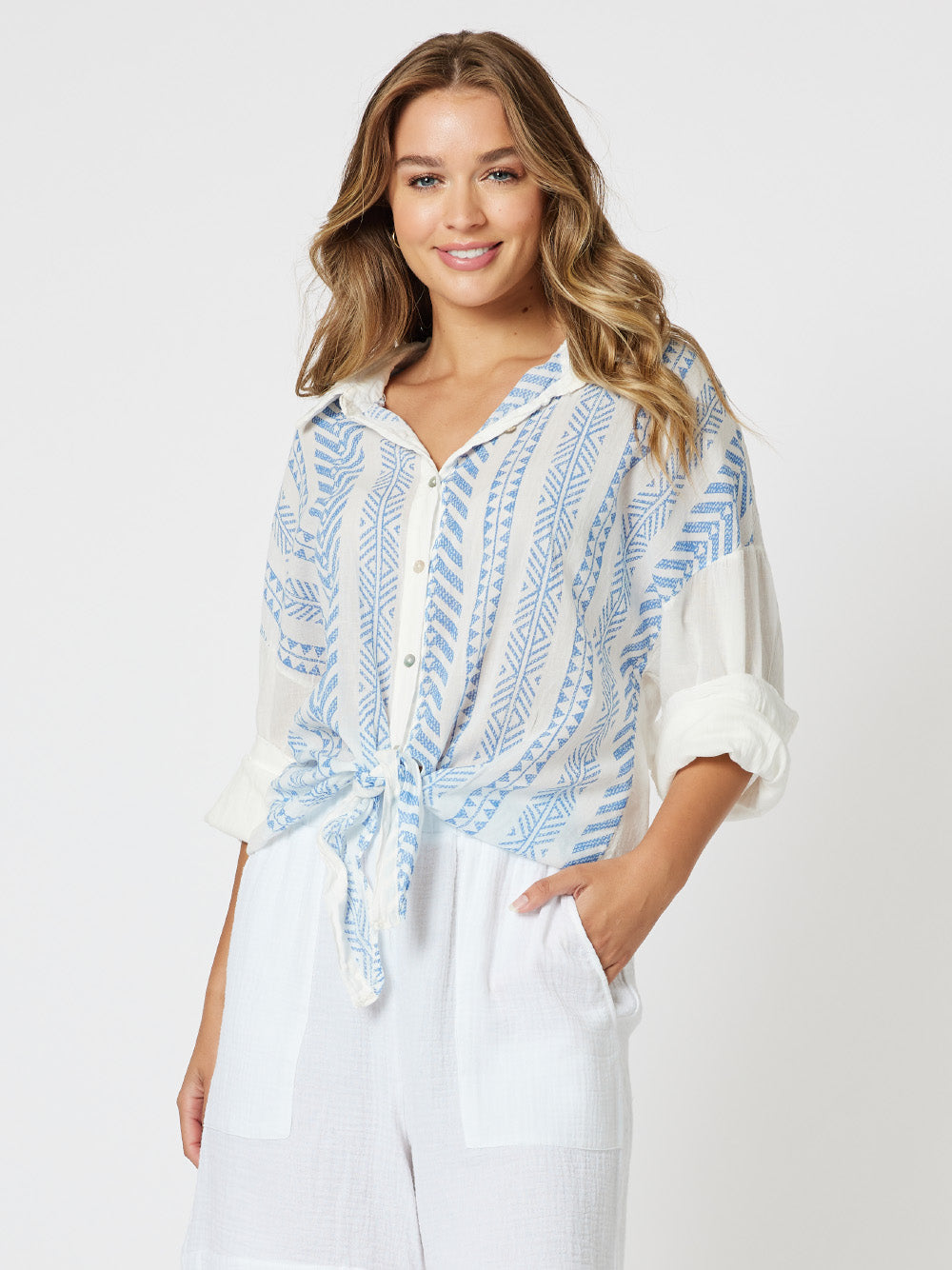 Ivy Cotton Print Tie Front Long Sleeve Shirt - Blue/White