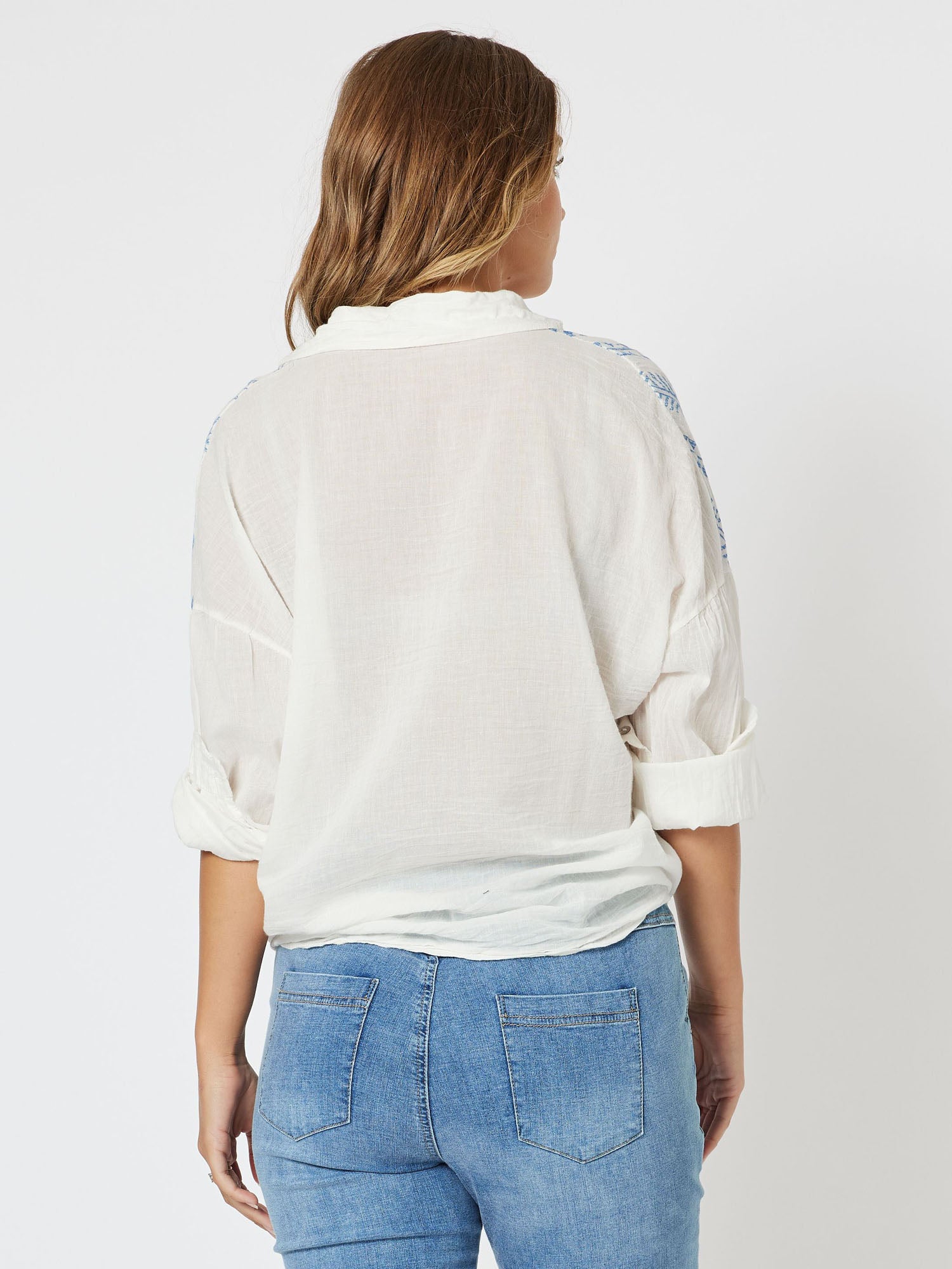 Ivy Cotton Print Tie Front Long Sleeve Shirt - Blue/White