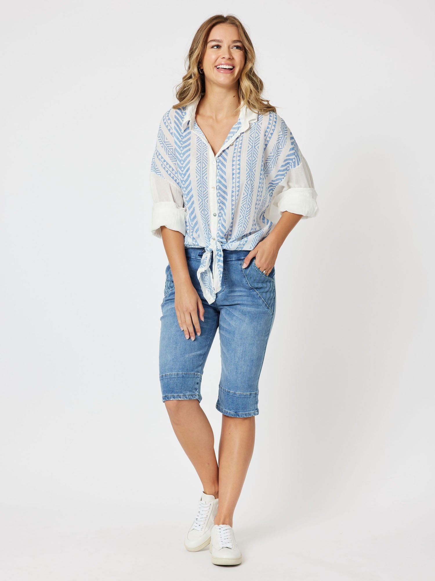 Ivy Cotton Print Tie Front Long Sleeve Shirt - Blue/White