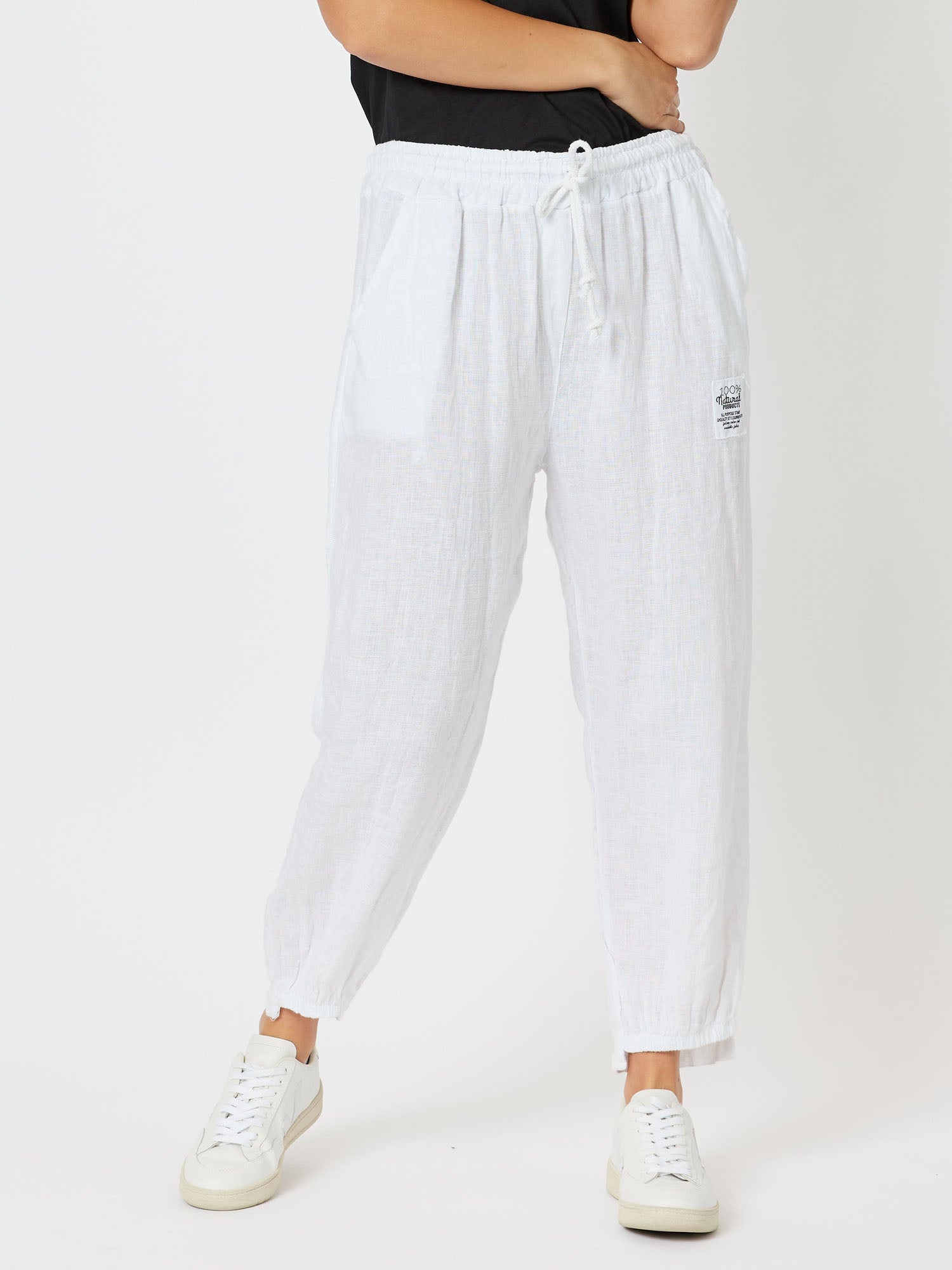 Oblique Linen Tie Front Pull On Pant - White