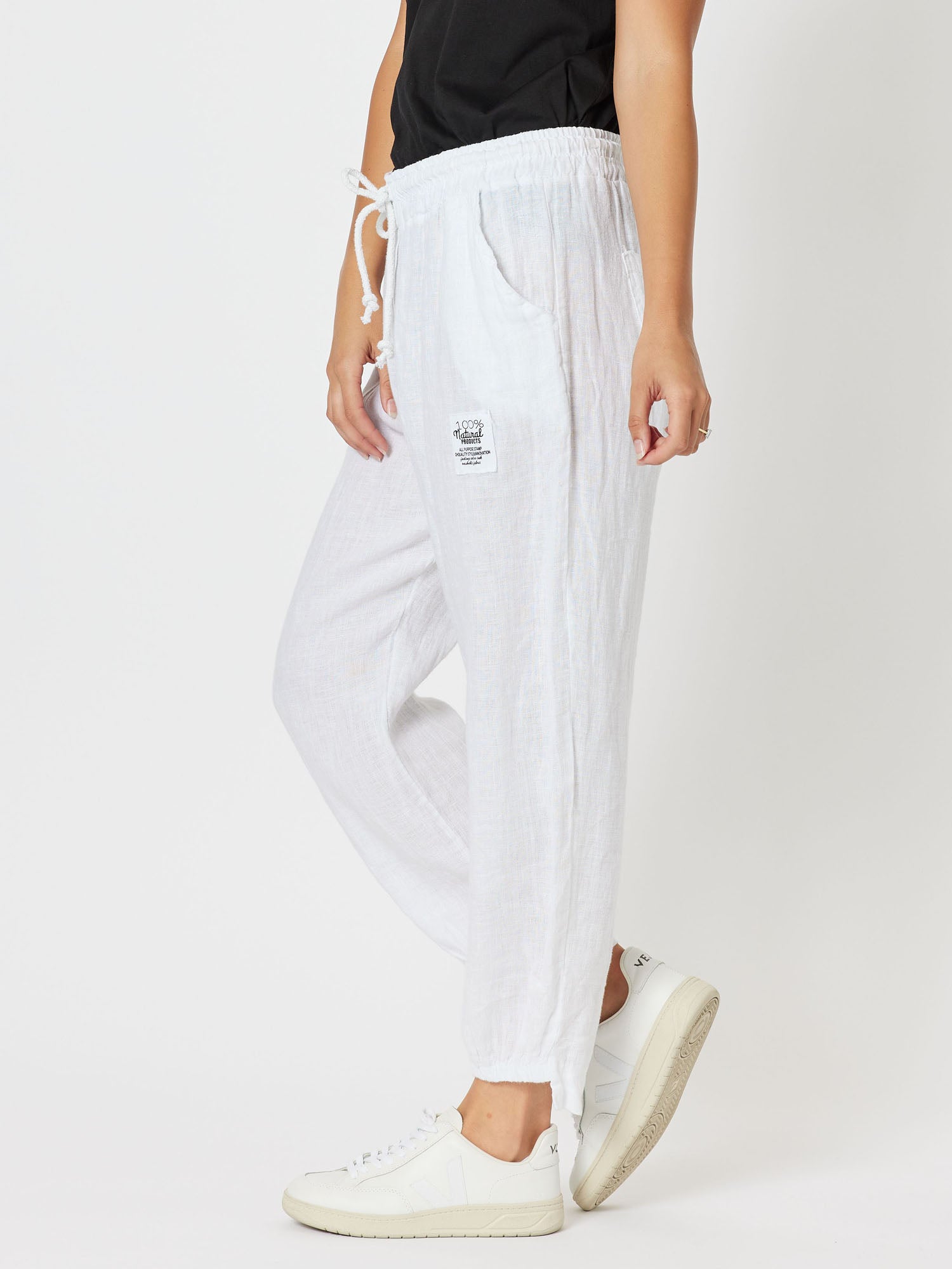 Oblique Linen Tie Front Pull On Pant - White