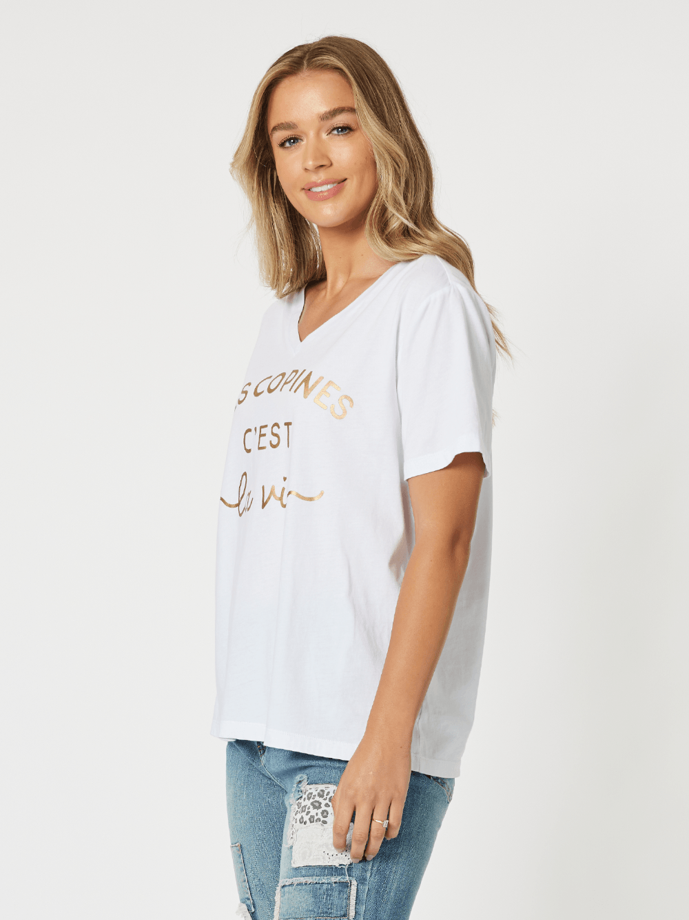 Les Copine V Neck T Shirt Gold XS.8 GOLD