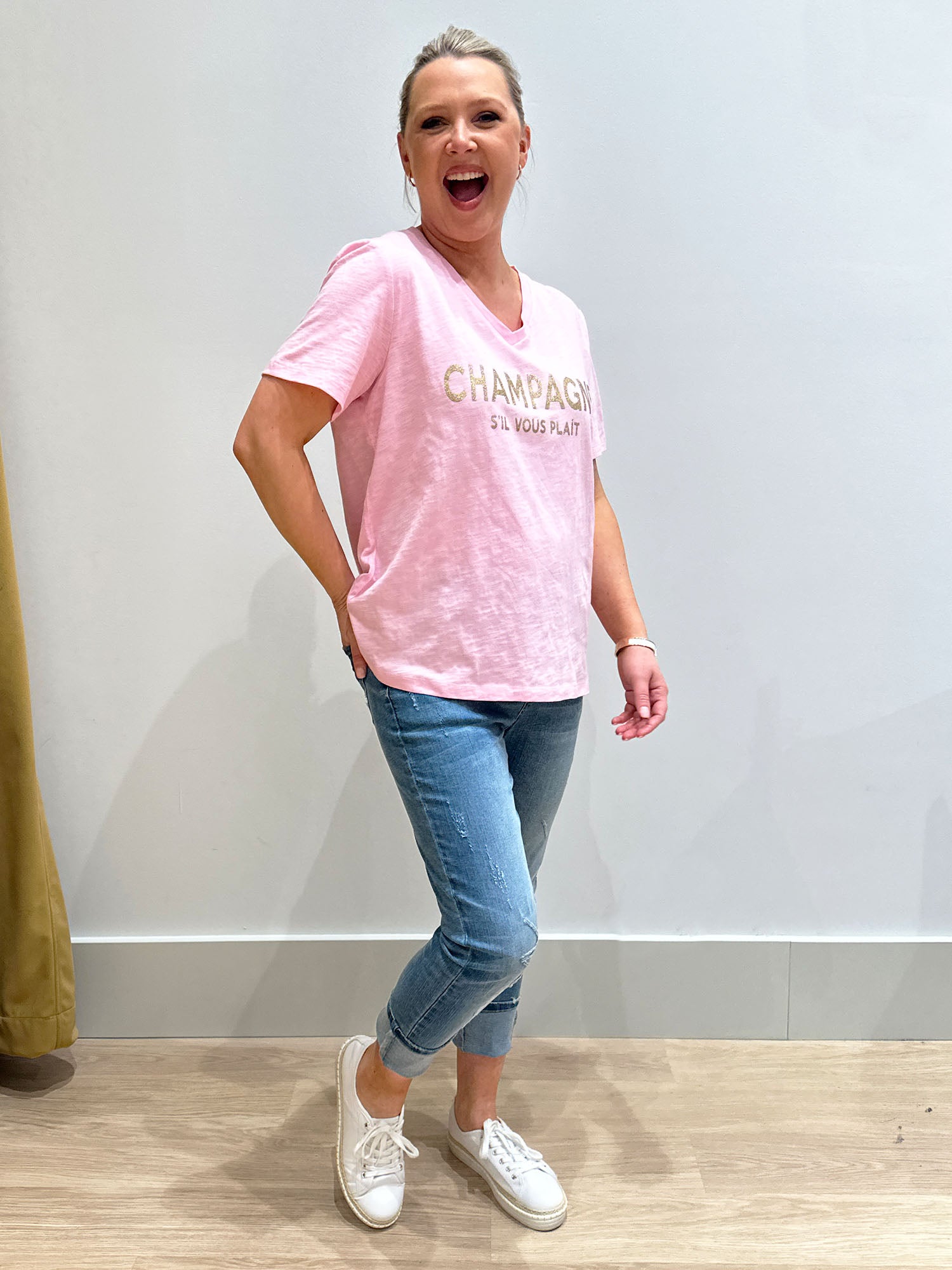 Champagne Cotton V-Neck T-Shirt - Pink