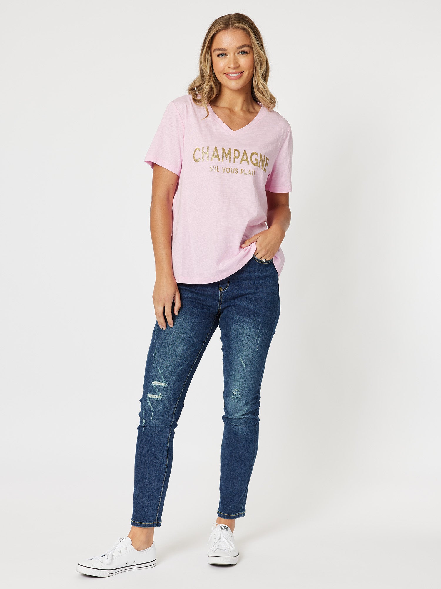 Champagne Cotton V-Neck T-Shirt - Pink