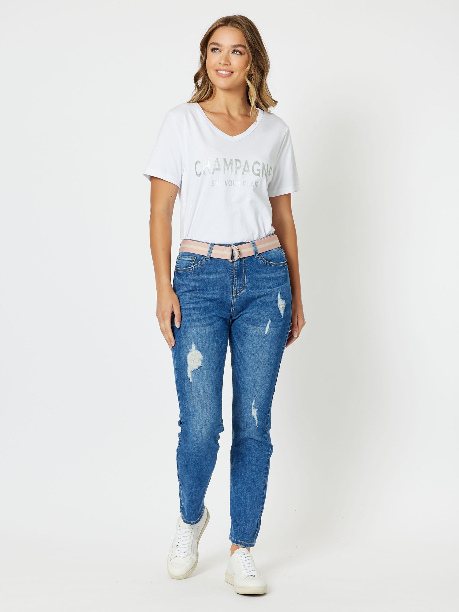 Champagne Cotton V neck Short Sleeve T-shirt - Silver
