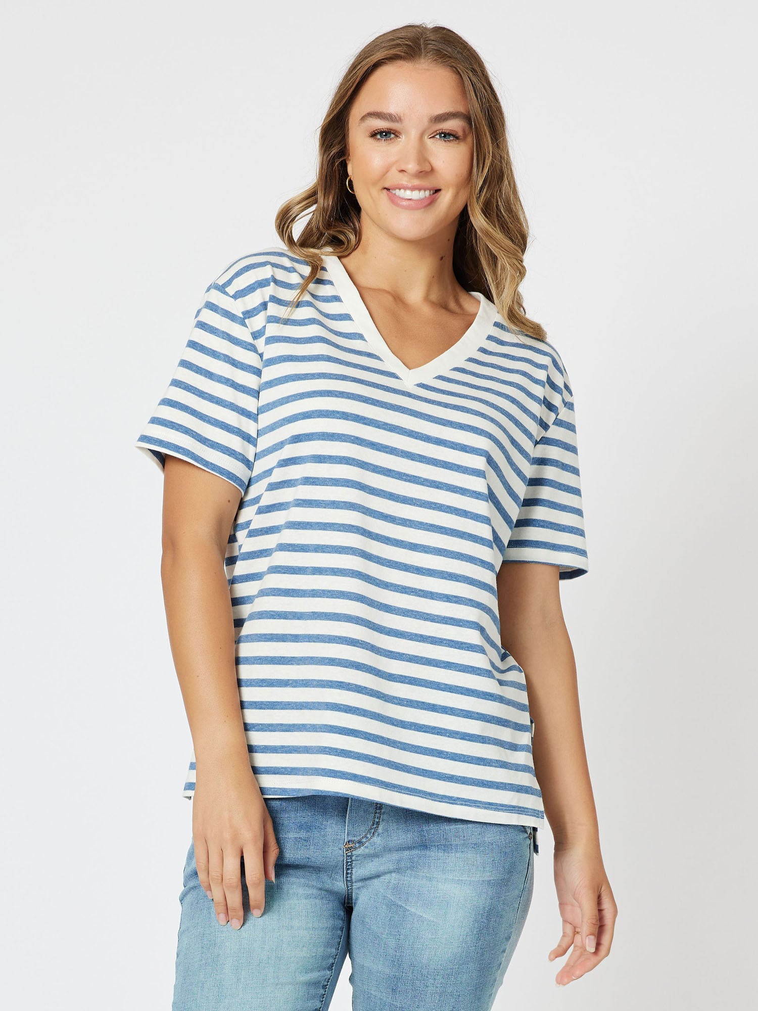 Sailor Stripe Knit Top Vneck Short Sleeve Tshirt - Blue/White