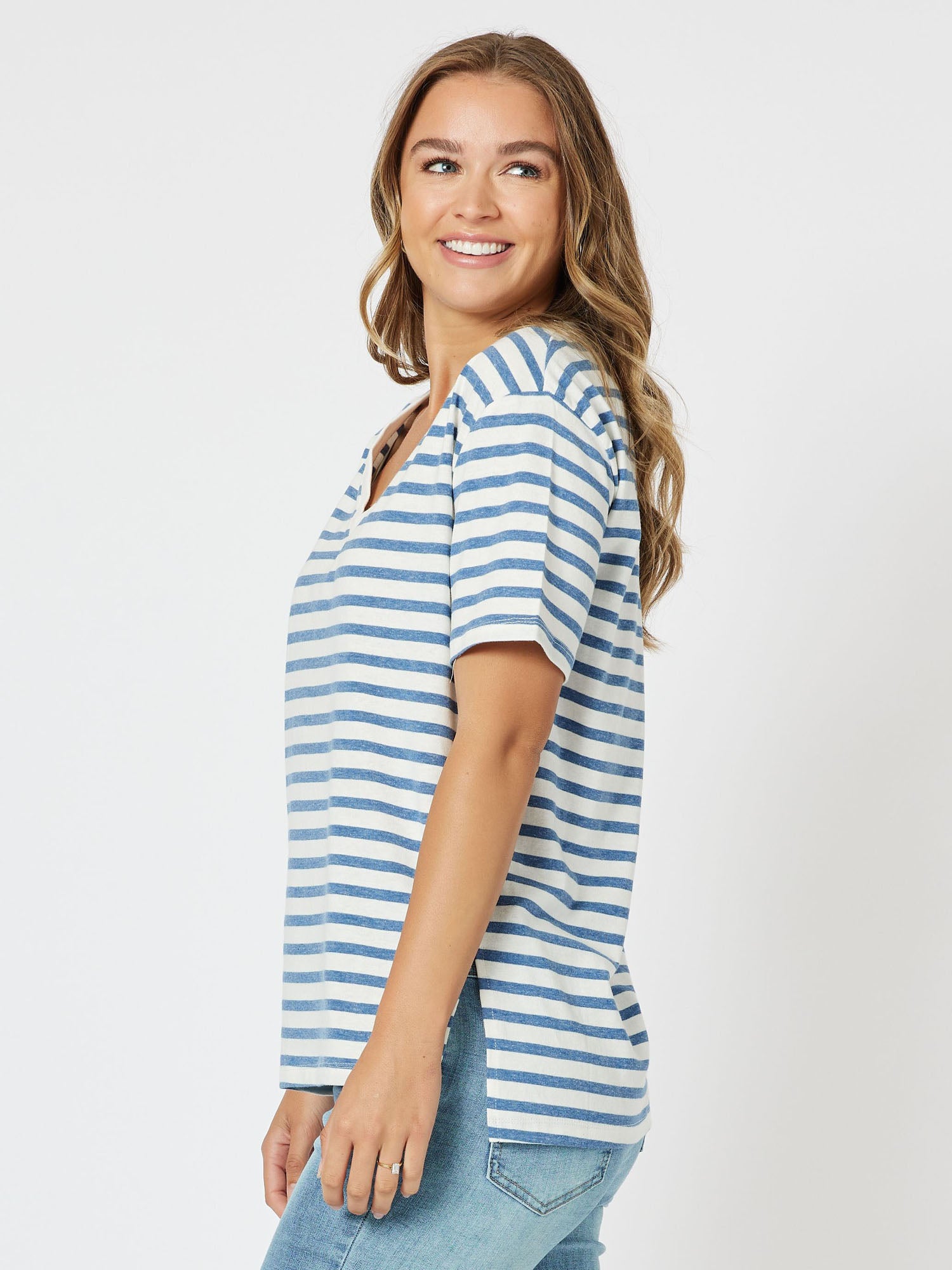 Sailor Stripe Knit Top Vneck Short Sleeve Tshirt - Blue/White