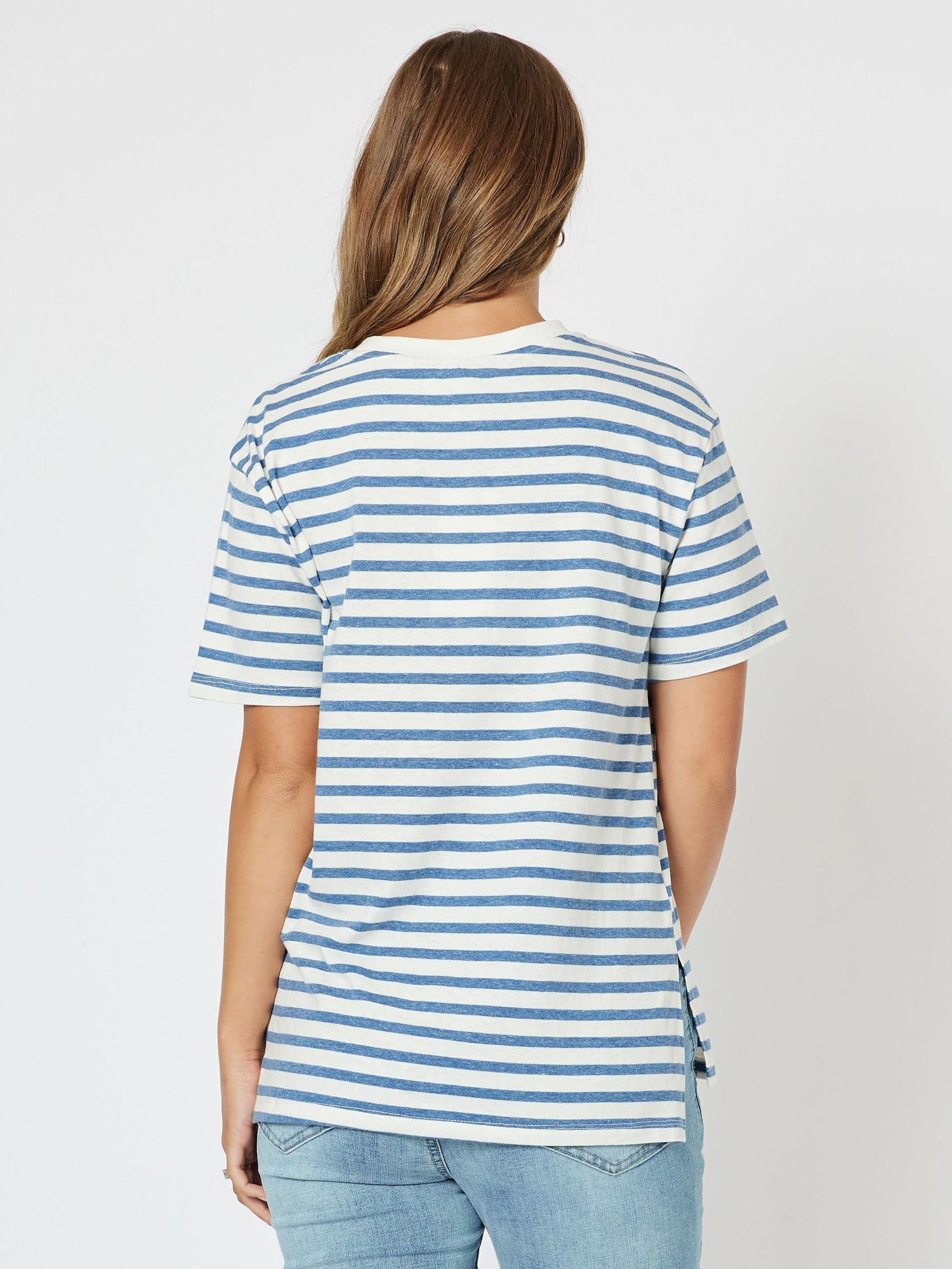 Sailor Stripe Knit Top Vneck Short Sleeve Tshirt - Blue/White