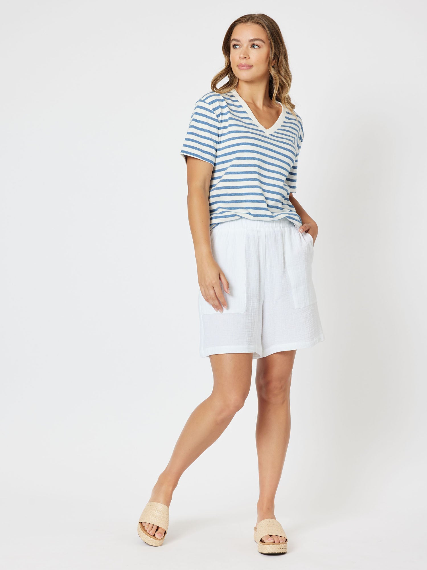 Sailor Stripe Knit Top Vneck Short Sleeve Tshirt - Blue/White