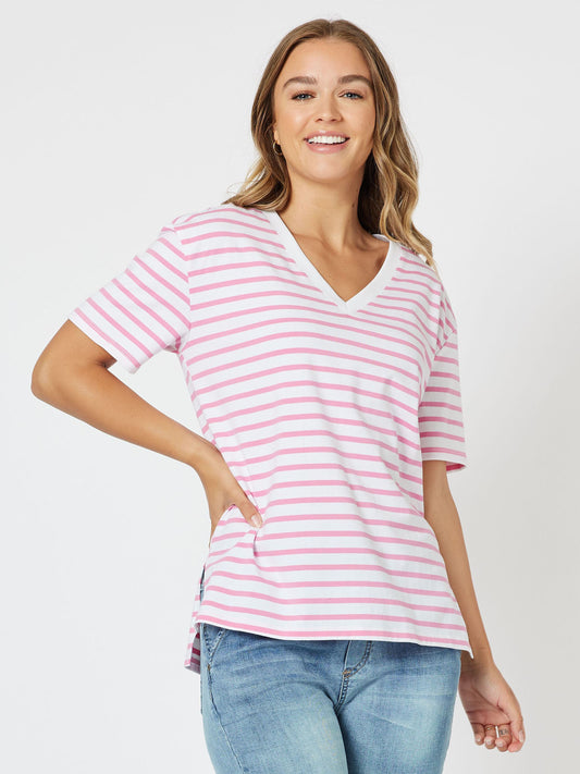 Sailor Stripe Knit Top Vneck Short Sleeve Tshirt - Pink