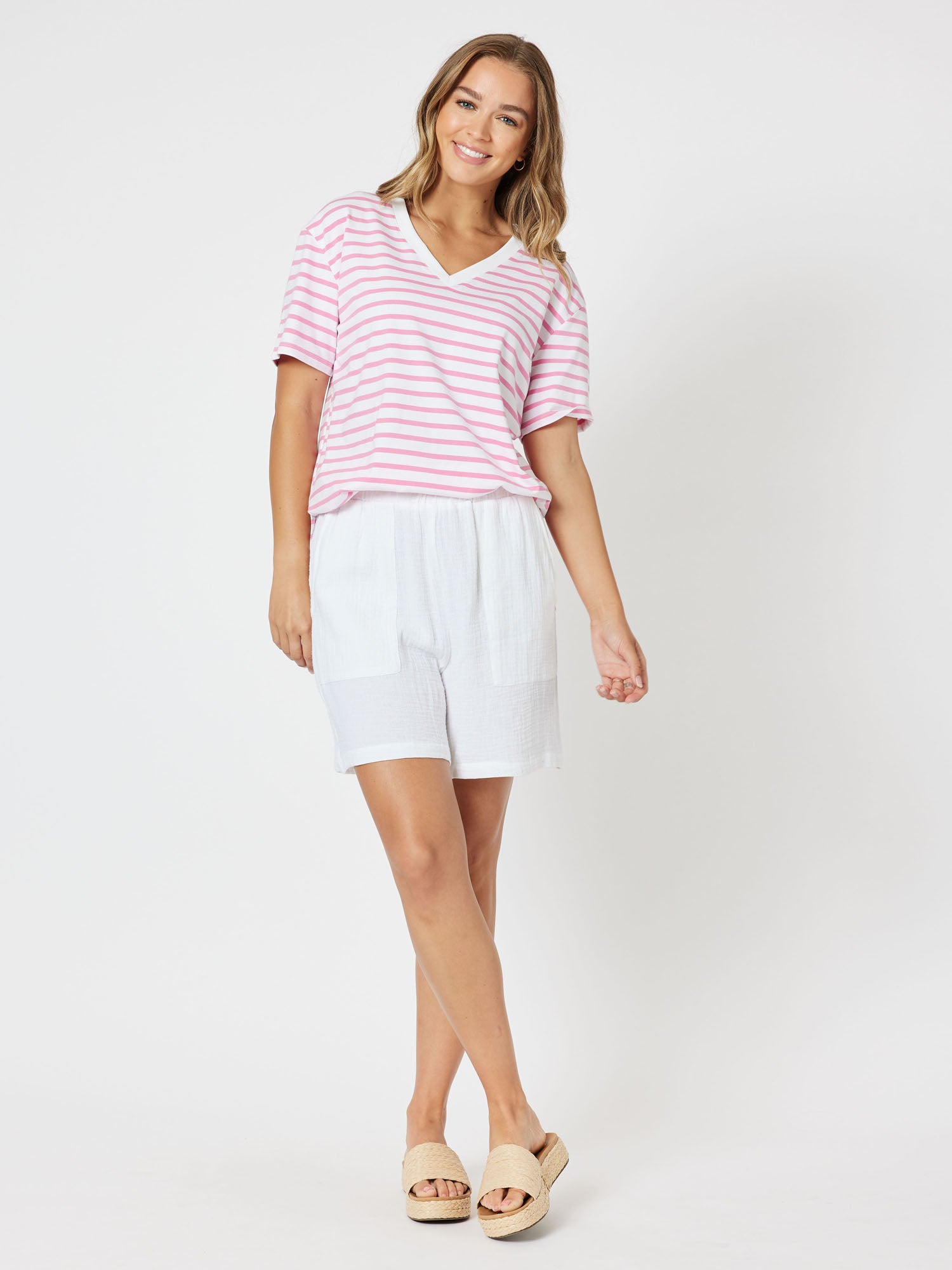 Sailor Stripe Knit Top Vneck Short Sleeve Tshirt - Pink