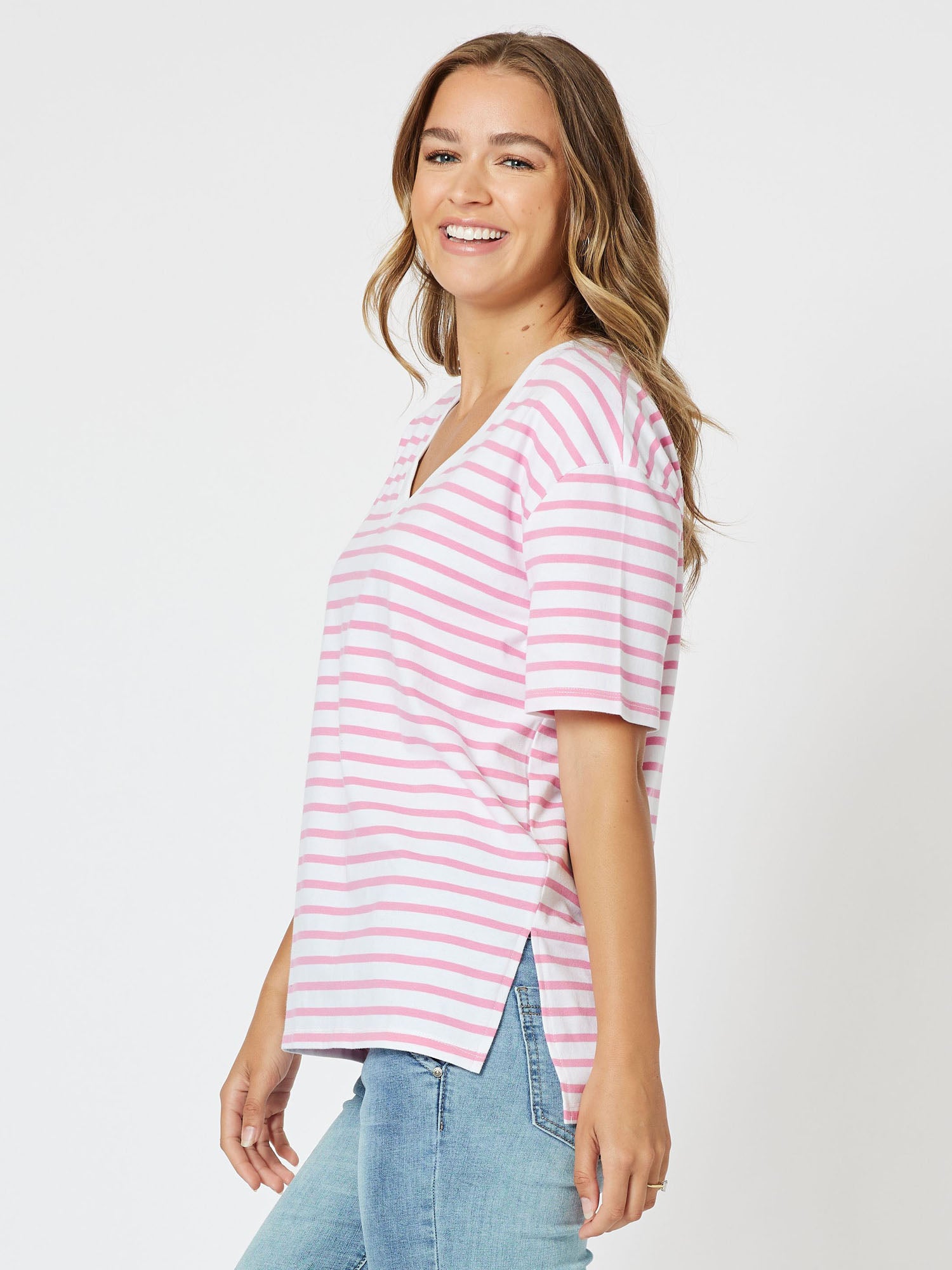 Sailor Stripe Knit Top Vneck Short Sleeve Tshirt - Pink