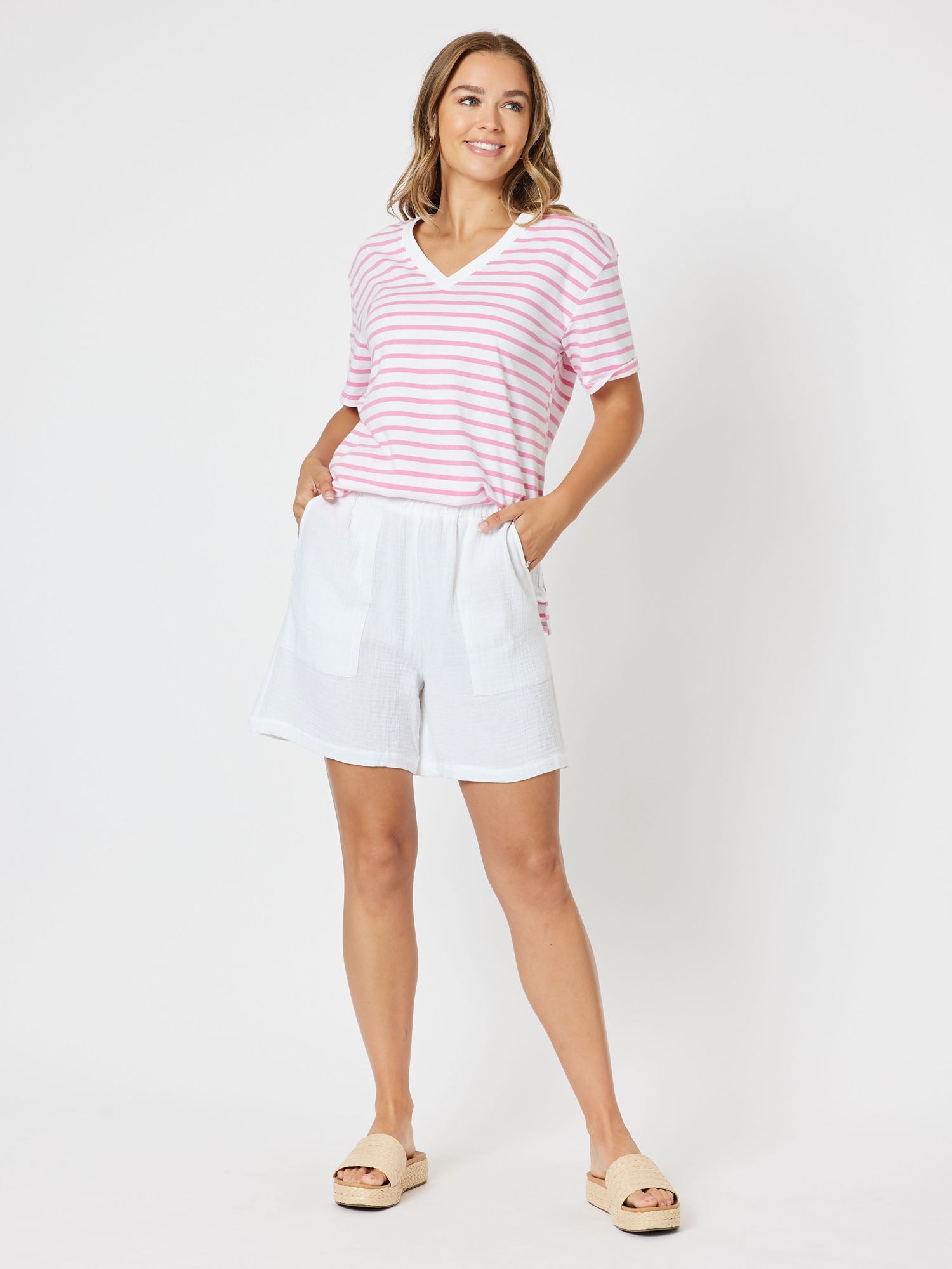 Sailor Stripe Knit Top Vneck Short Sleeve Tshirt - Pink
