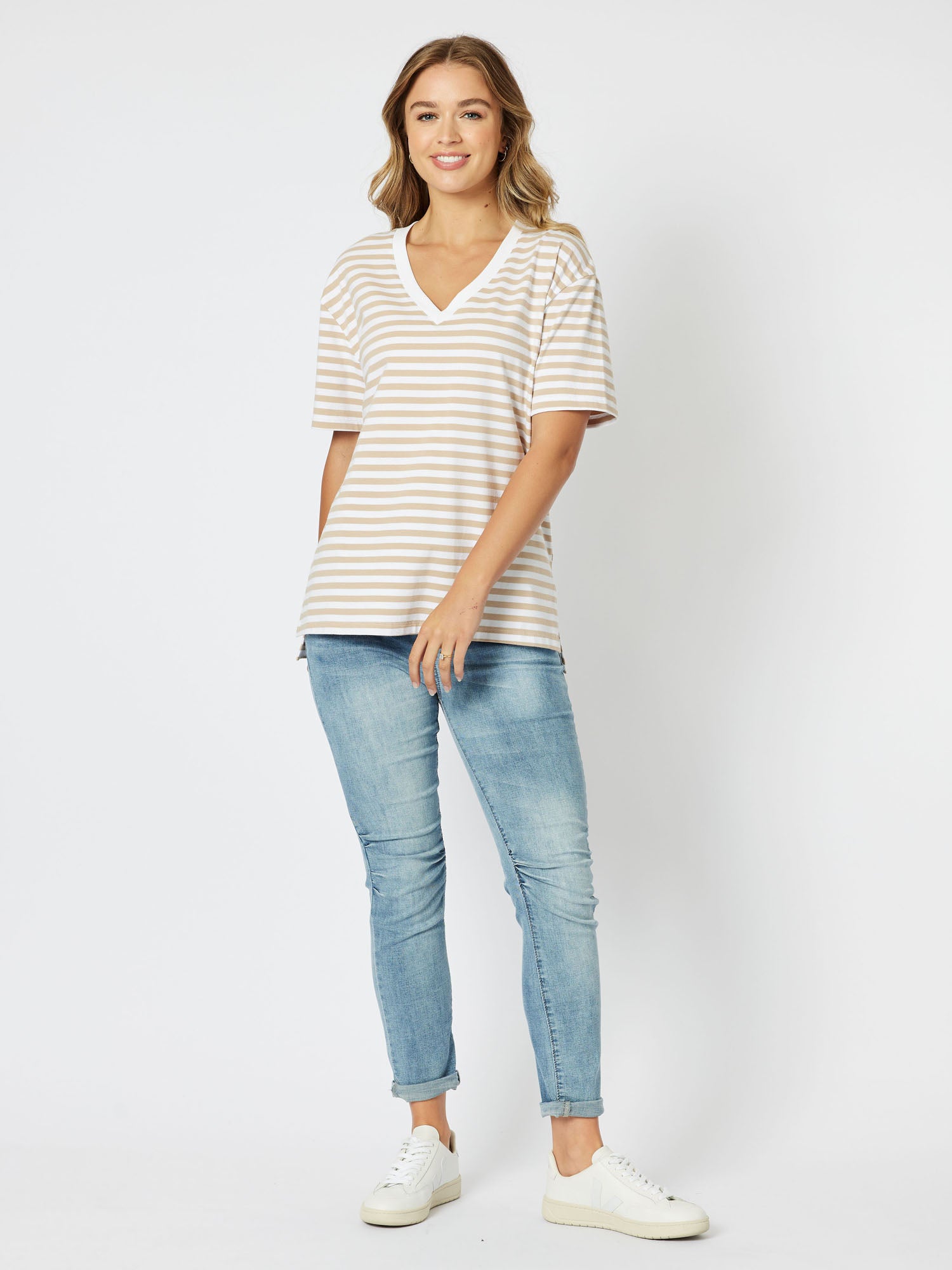 Sailor Stripe Knit Top Vneck Short Sleeve Tshirt - Stone