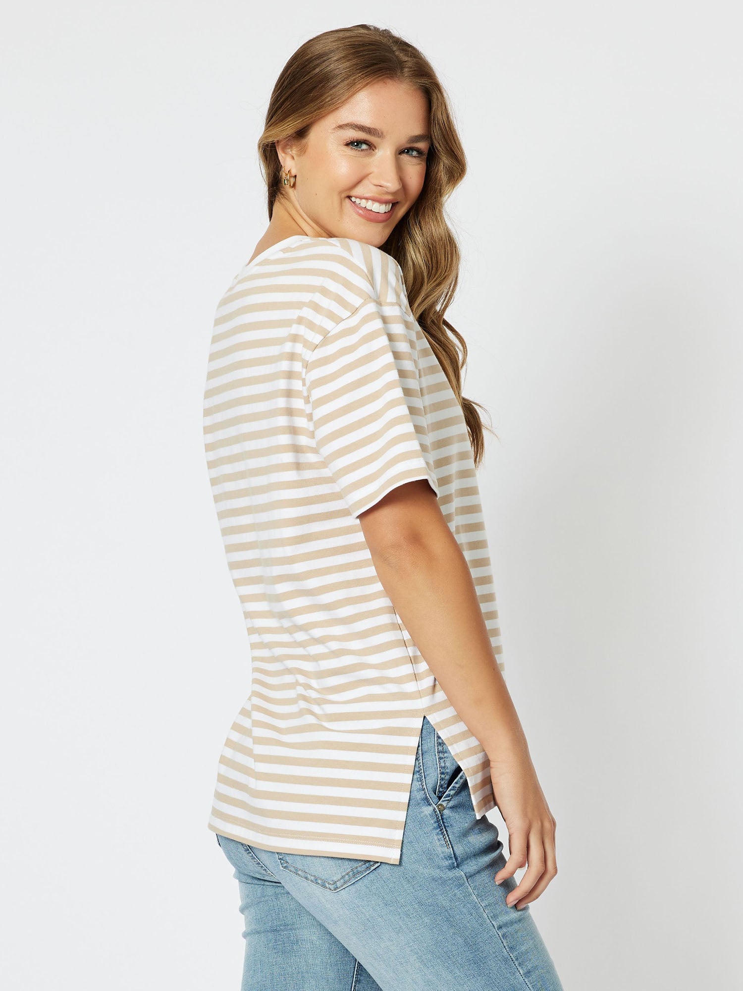 Sailor Stripe Knit Top Vneck Short Sleeve Tshirt - Stone